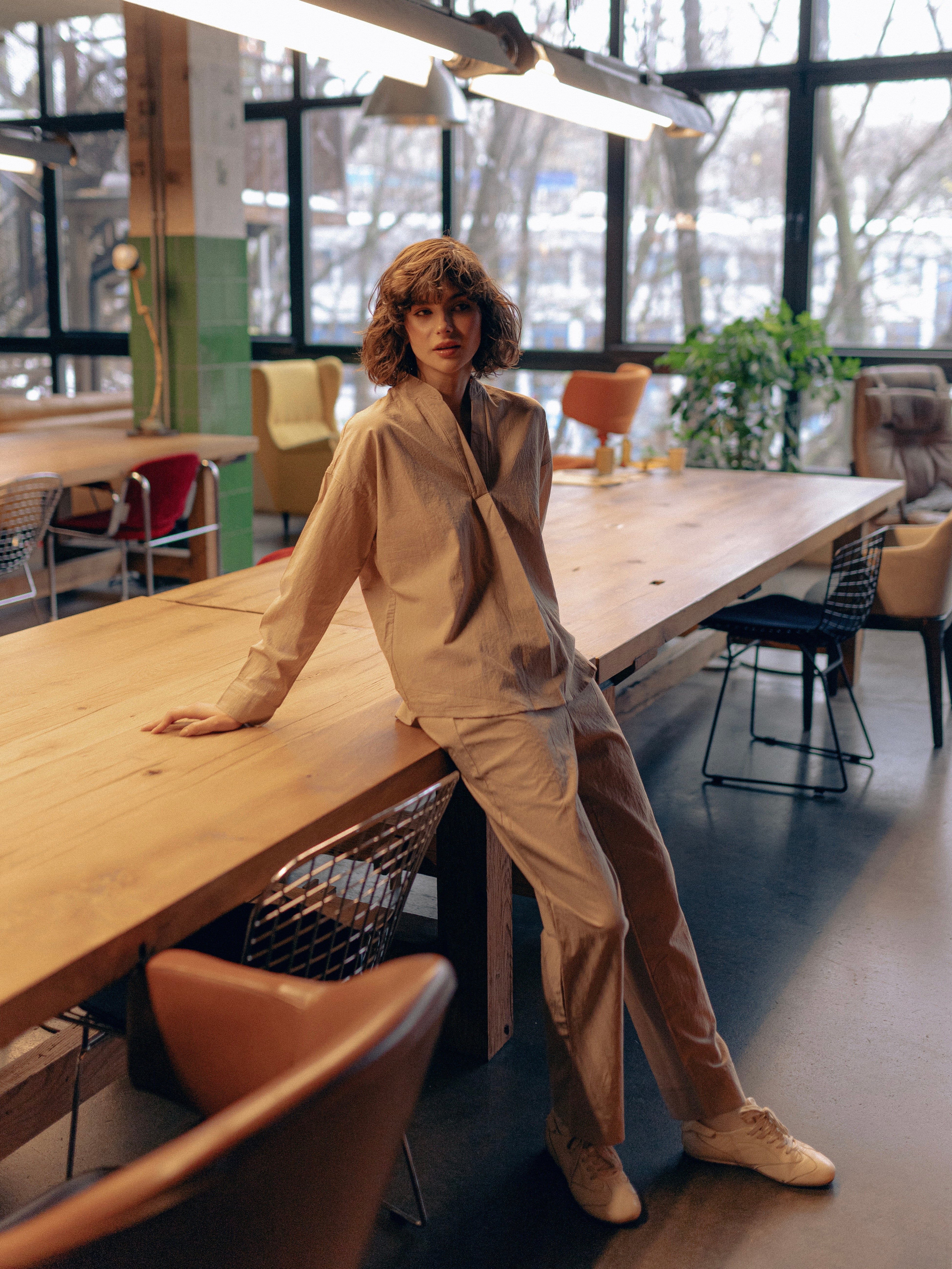 Pijama femenina de algodón hervido Almond