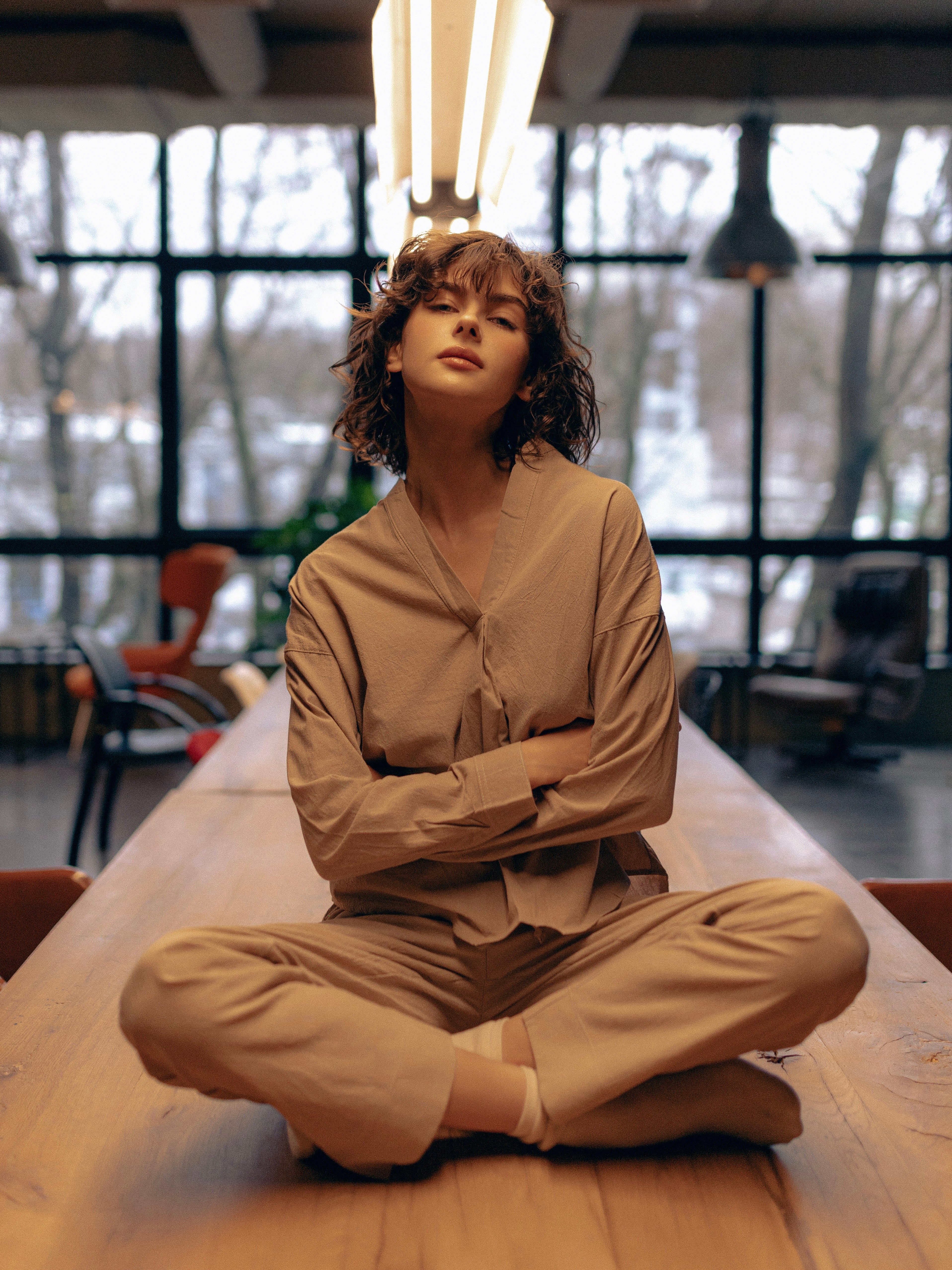 Pijama femenina de algodón hervido Almond