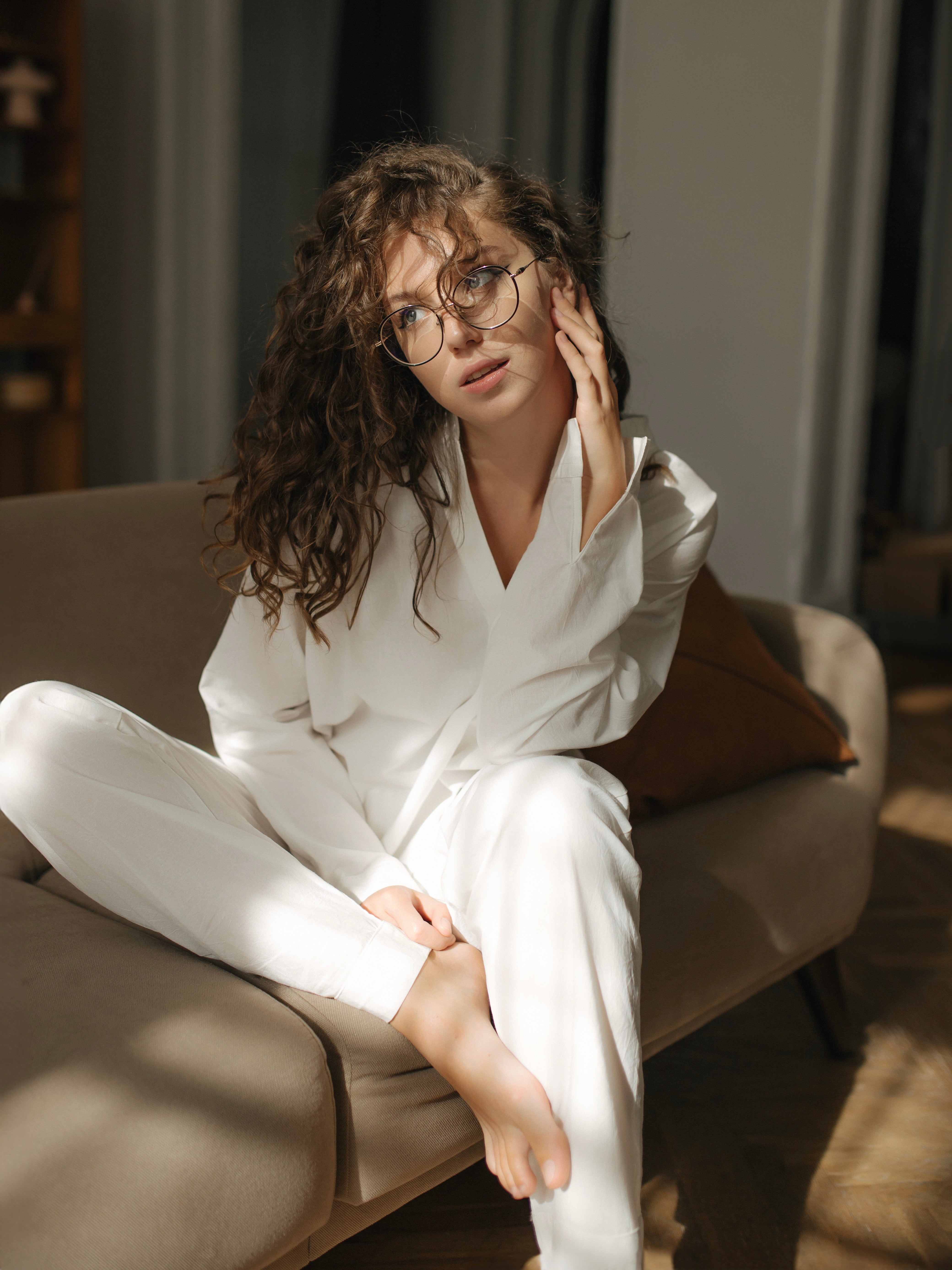 Pijama femenina de algodón cocido Creme