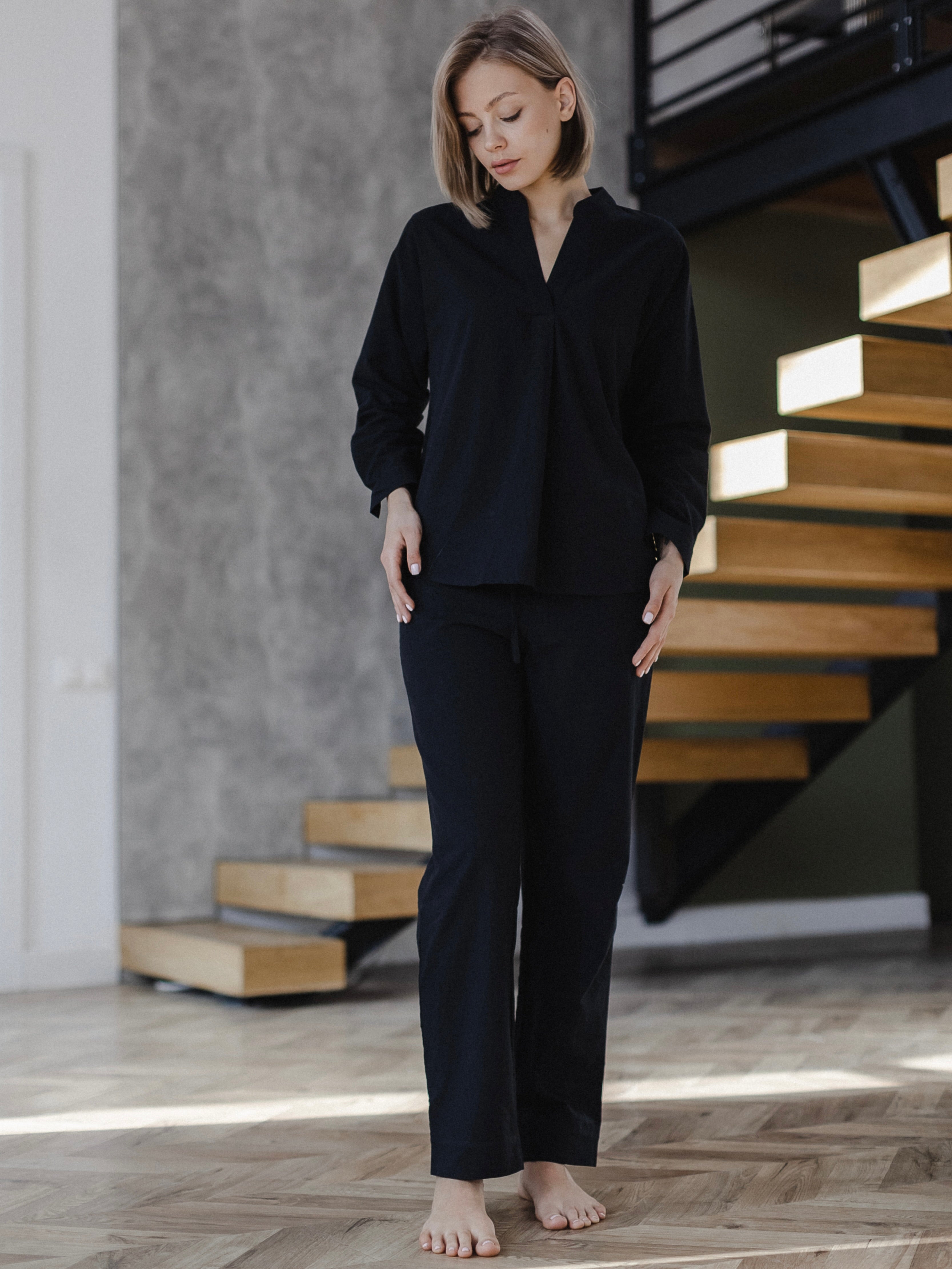 Calças femininas de algodão cozido Leglo Black