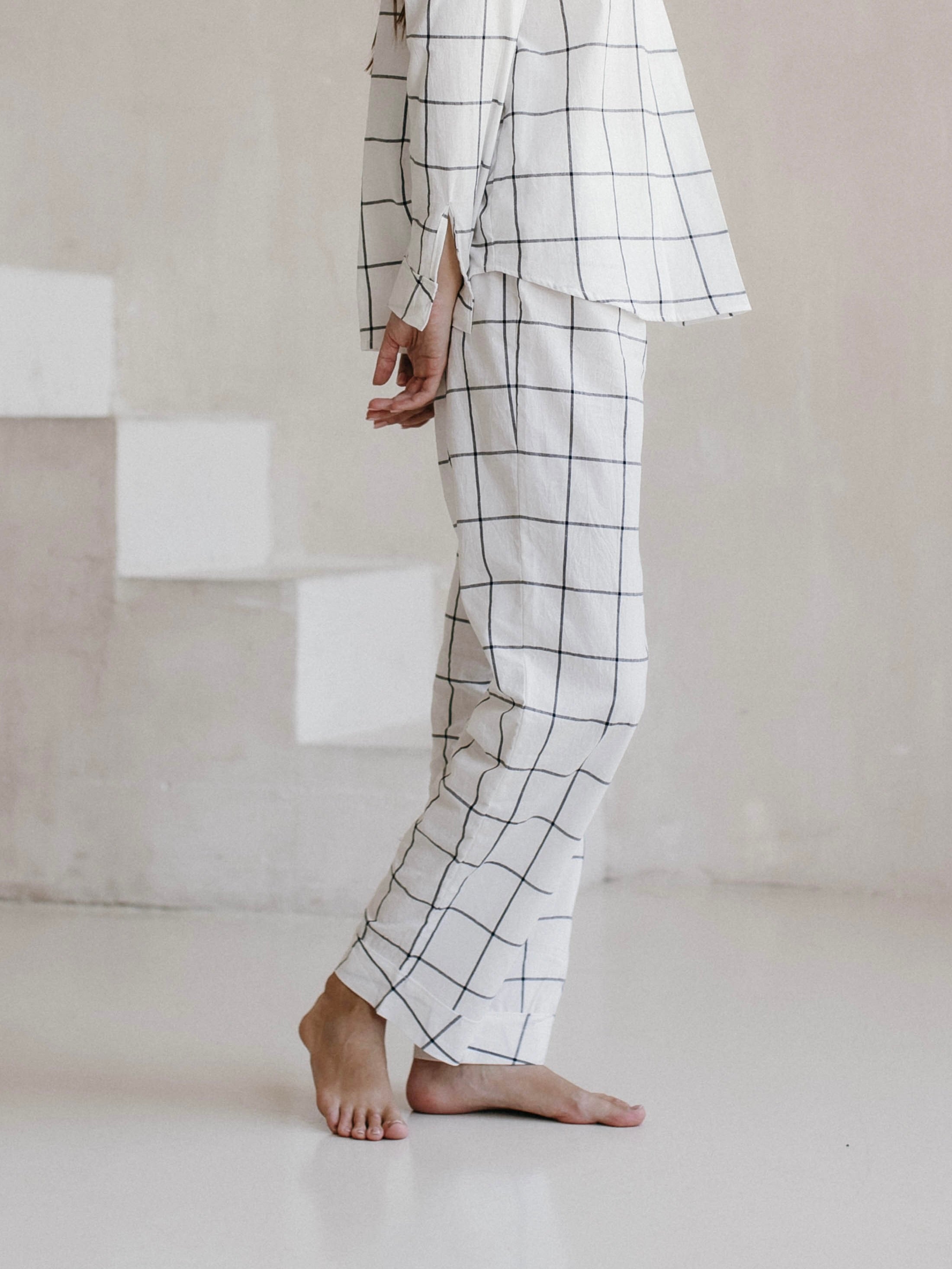 Calças femininas de algodão cardado Leglo Grid