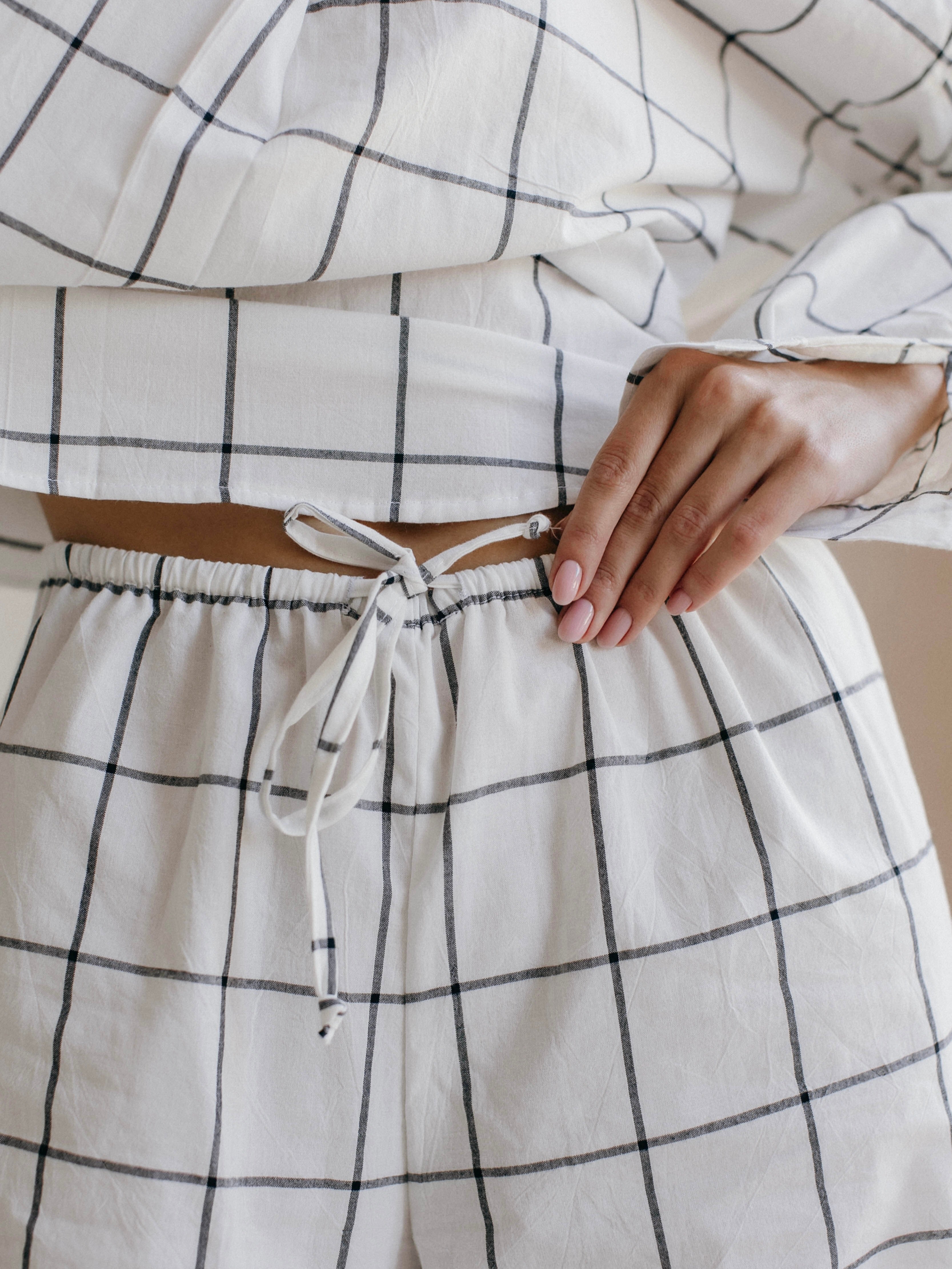 Calças femininas de algodão cardado Leglo Grid