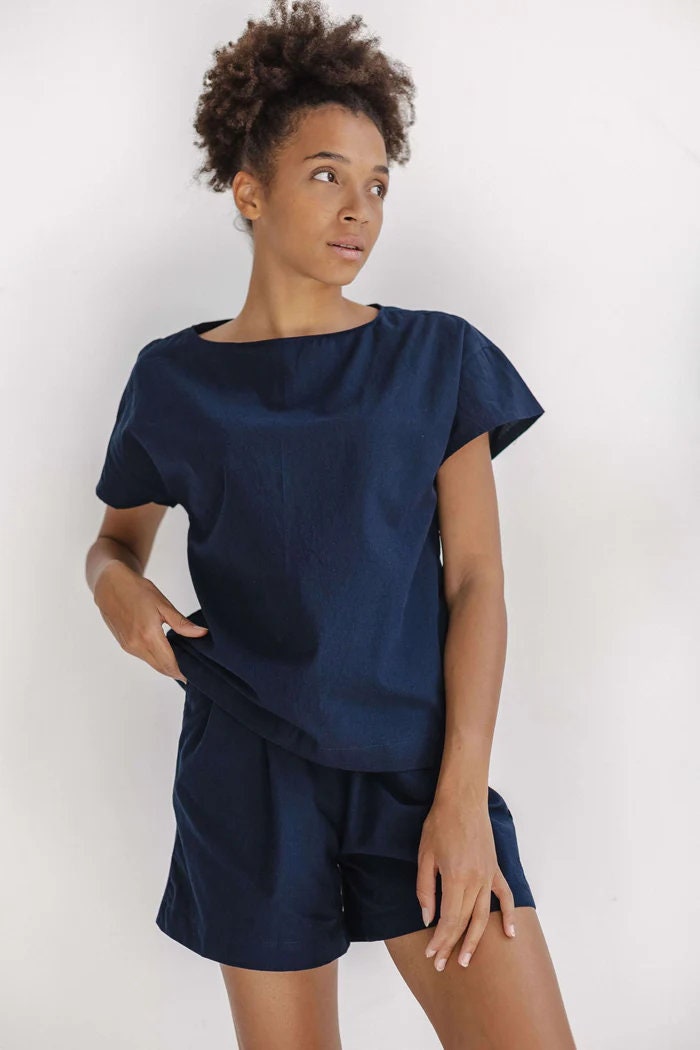 Organic Pajama In Navy, High Waist Shorts With Ribbon, Loose Pajama Set, Home Clothes For Her, Natural Cotton Pajama Set, Beach Women Clothe