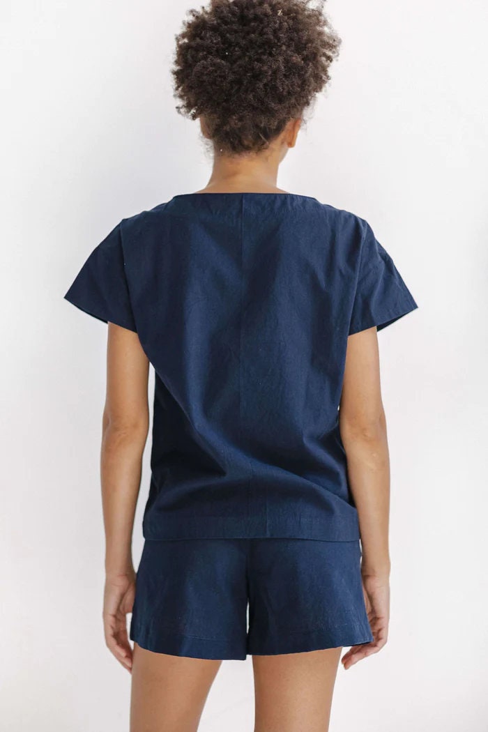 Organic Pajama In Navy, High Waist Shorts With Ribbon, Loose Pajama Set, Home Clothes For Her, Natural Cotton Pajama Set, Beach Women Clothe