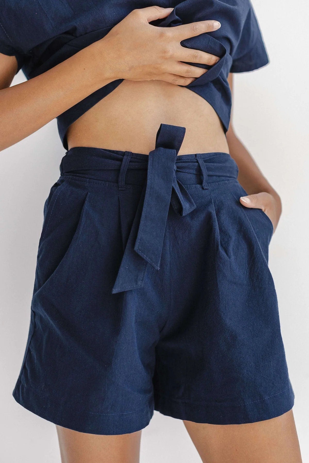 Organic Pajama In Navy, High Waist Shorts With Ribbon, Loose Pajama Set, Home Clothes For Her, Natural Cotton Pajama Set, Beach Women Clothe