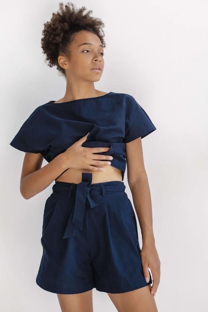 Organic Pajama In Navy, High Waist Shorts With Ribbon, Loose Pajama Set, Home Clothes For Her, Natural Cotton Pajama Set, Beach Women Clothe