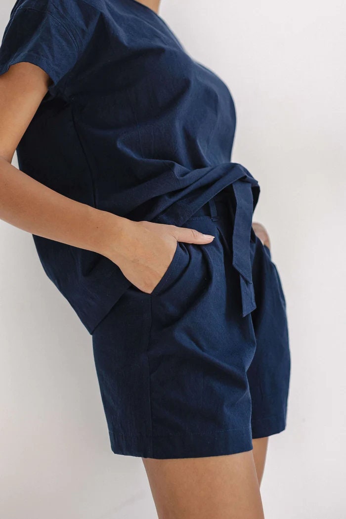 Organic Pajama In Navy, High Waist Shorts With Ribbon, Loose Pajama Set, Home Clothes For Her, Natural Cotton Pajama Set, Beach Women Clothe