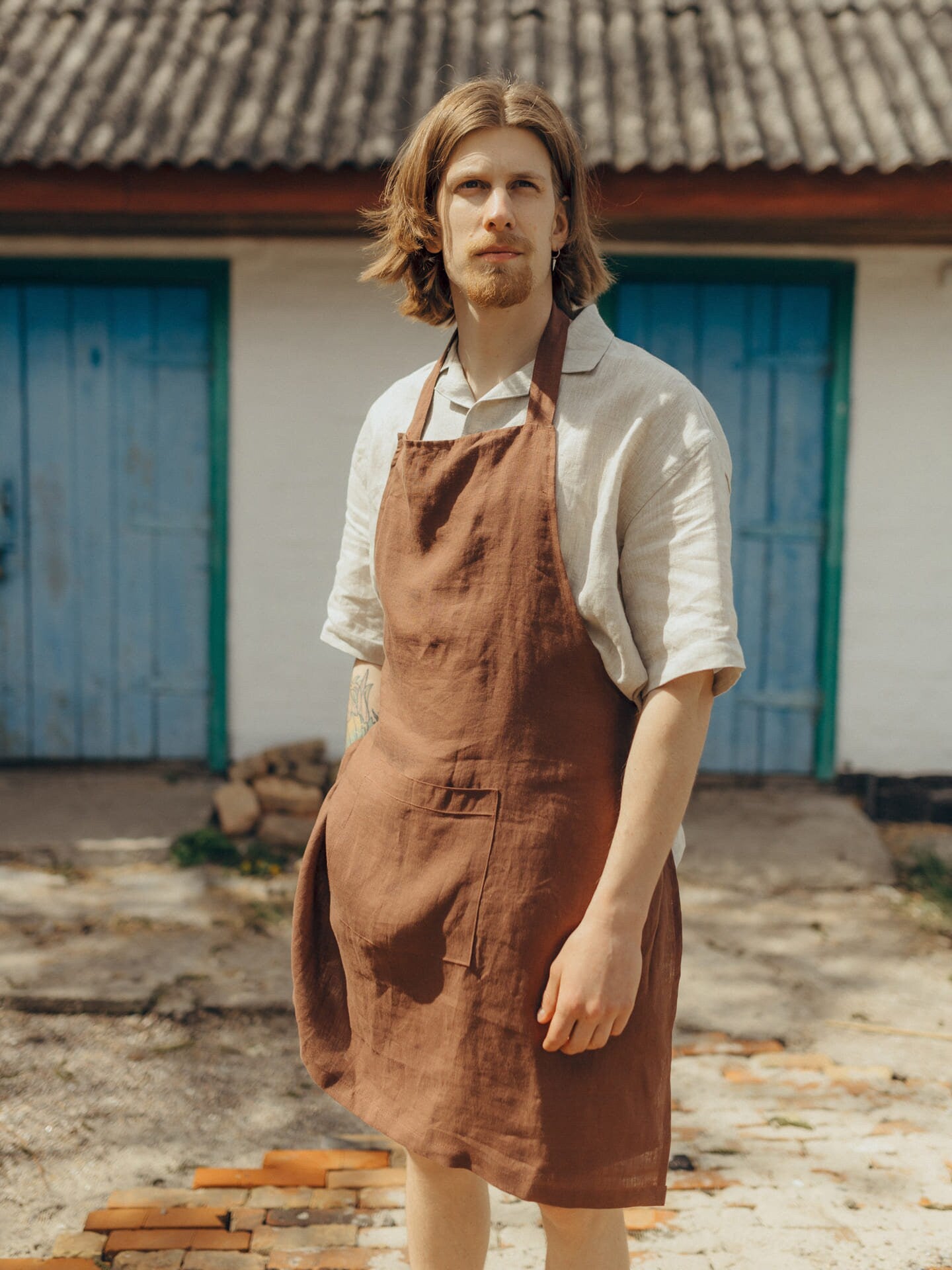 Natural Linen Apron With Deep Pocket, Brown Apron For Men & Women, Organic Full Kitchen Apron, Washed Linen Apron For Him, Holiday Gift Idea