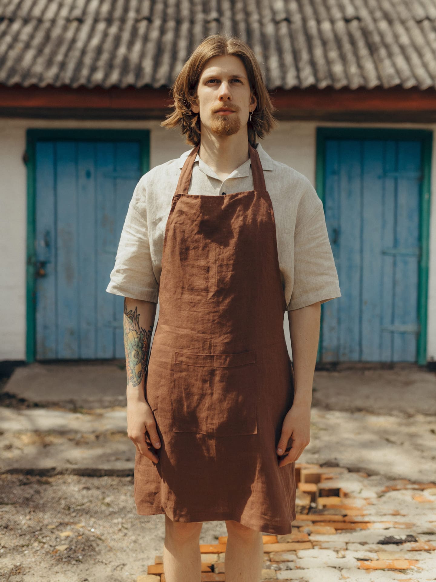 Natural Linen Apron With Deep Pocket, Brown Apron For Men & Women, Organic Full Kitchen Apron, Washed Linen Apron For Him, Holiday Gift Idea