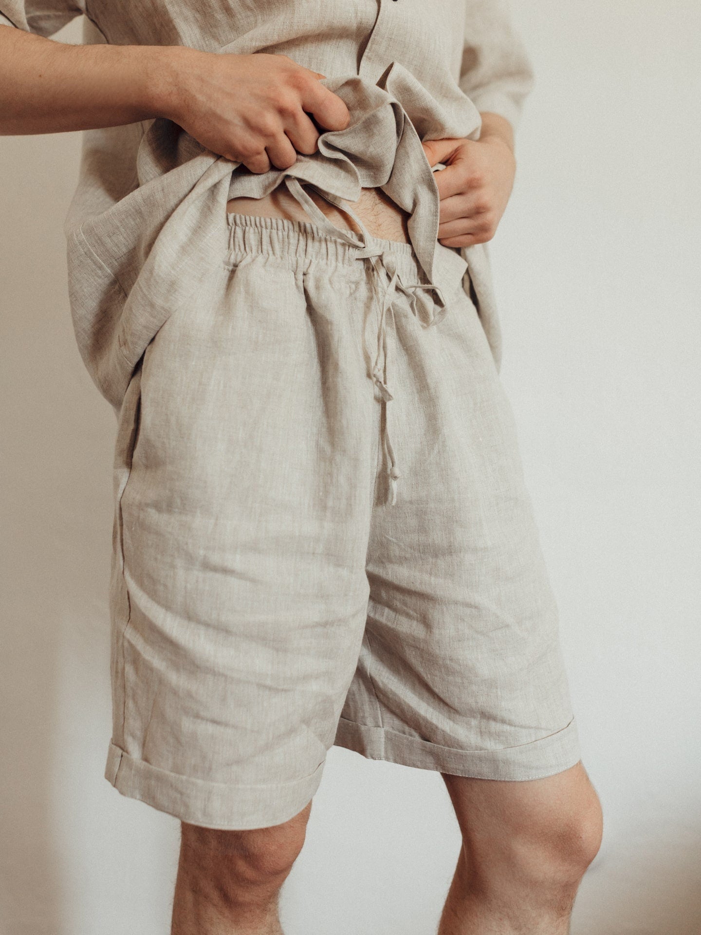 Natural Linen Men Suit In Ivory, Sleepwear For Boyfriend, Natural Pajama Set, Linen Shorts & Shirts Set, Cloth For Home, Lounge Pajama Set