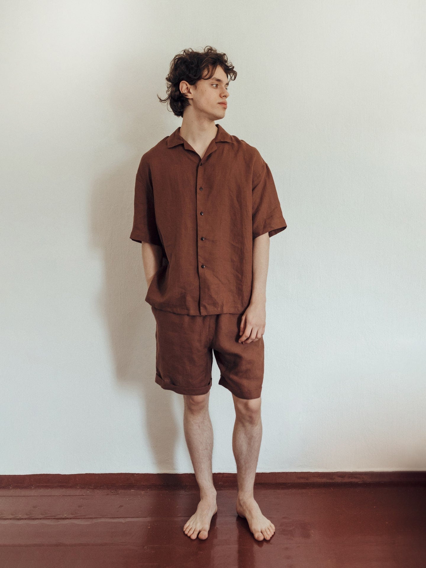 Organic Pajama Set For Men, Shorts & Shirt Linen Pajama In Brown, Beach Clothes For Men, Gift For Boyfriend, Natural Sleepwear Pajama Suit
