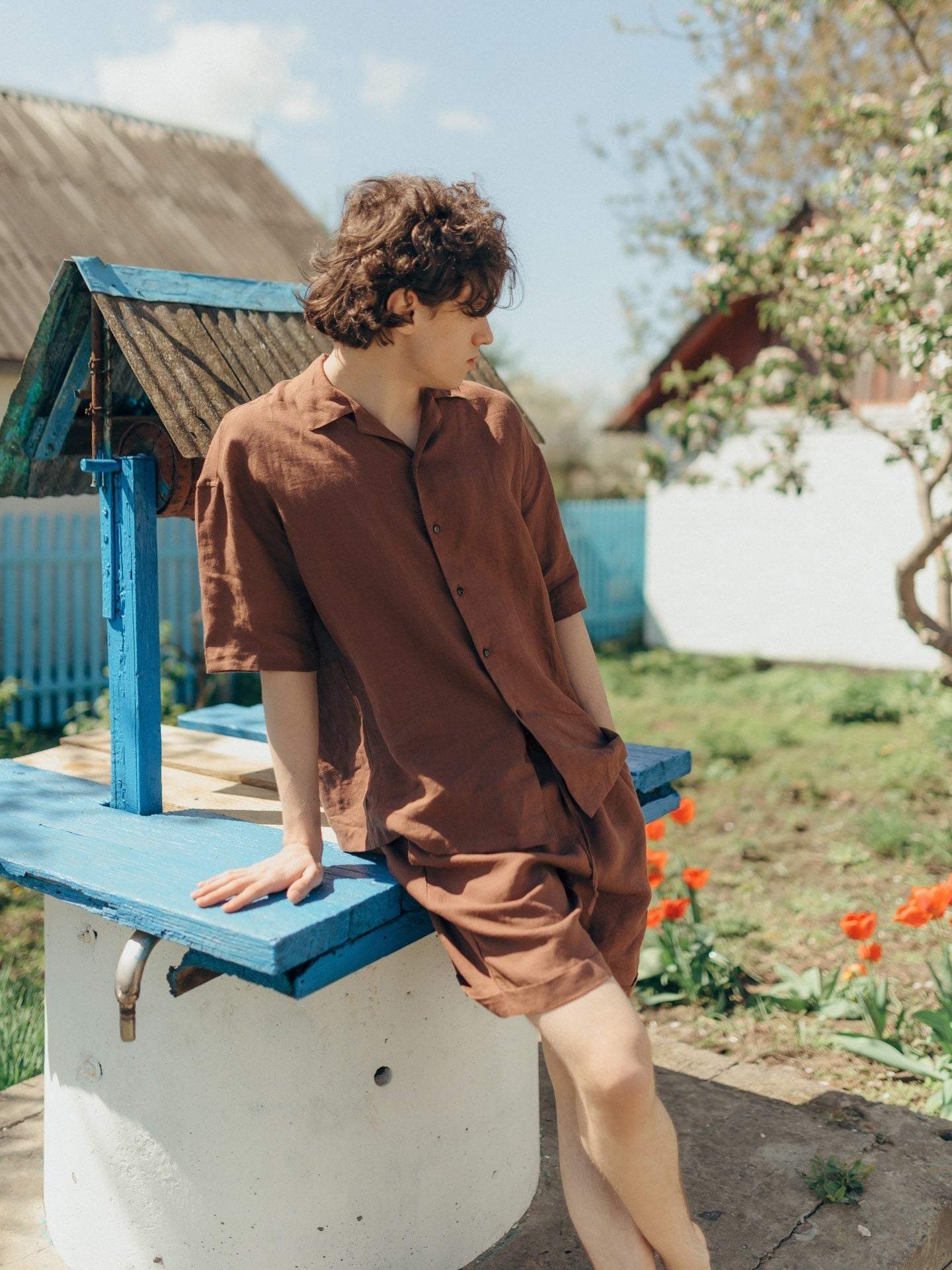 Organic Pajama Set For Men, Shorts & Shirt Linen Pajama In Brown, Beach Clothes For Men, Gift For Boyfriend, Natural Sleepwear Pajama Suit