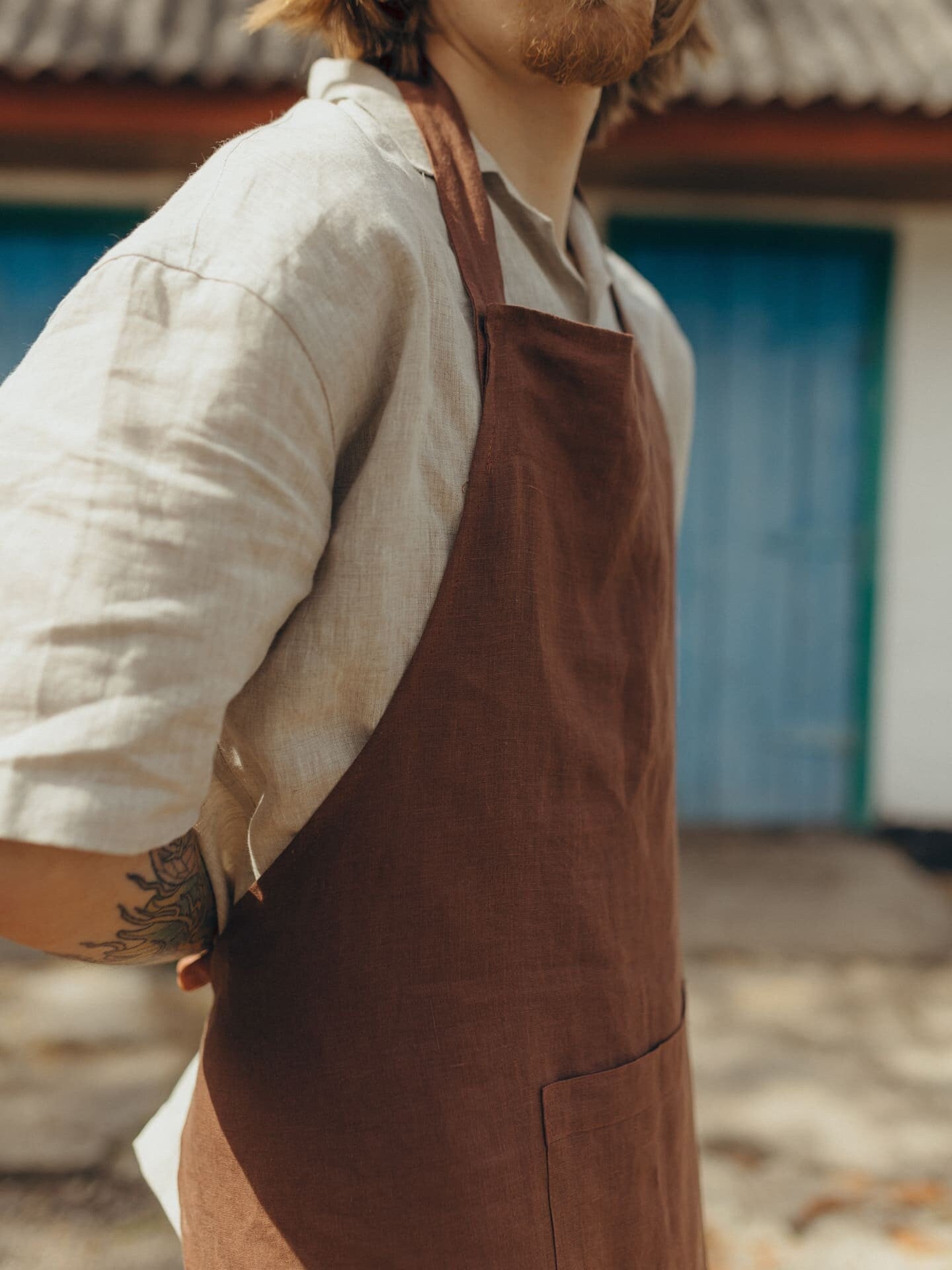 Natural Linen Apron With Deep Pocket, Brown Apron For Men & Women, Organic Full Kitchen Apron, Washed Linen Apron For Him, Holiday Gift Idea
