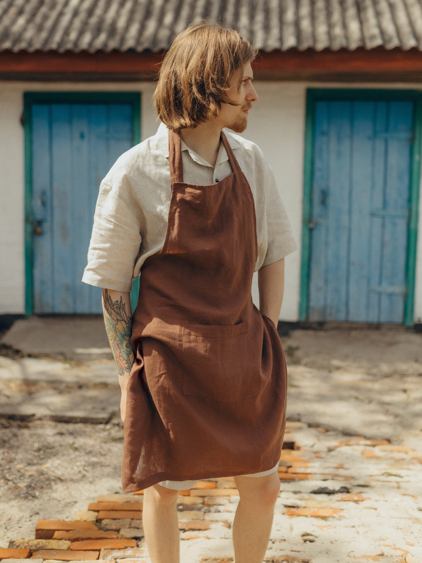 Natural Linen Apron With Deep Pocket, Brown Apron For Men & Women, Organic Full Kitchen Apron, Washed Linen Apron For Him, Holiday Gift Idea