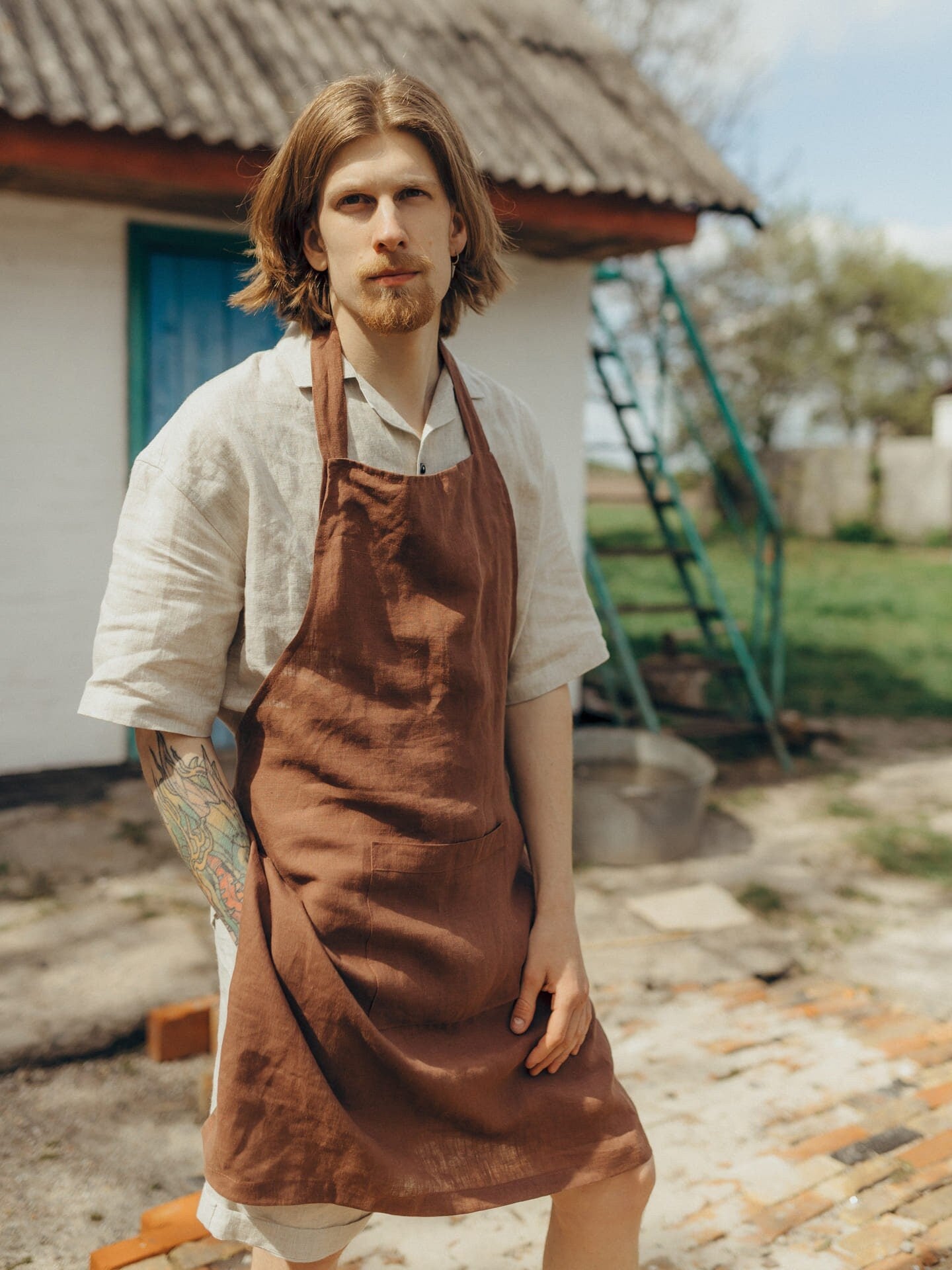 Natural Linen Apron With Deep Pocket, Brown Apron For Men & Women, Organic Full Kitchen Apron, Washed Linen Apron For Him, Holiday Gift Idea