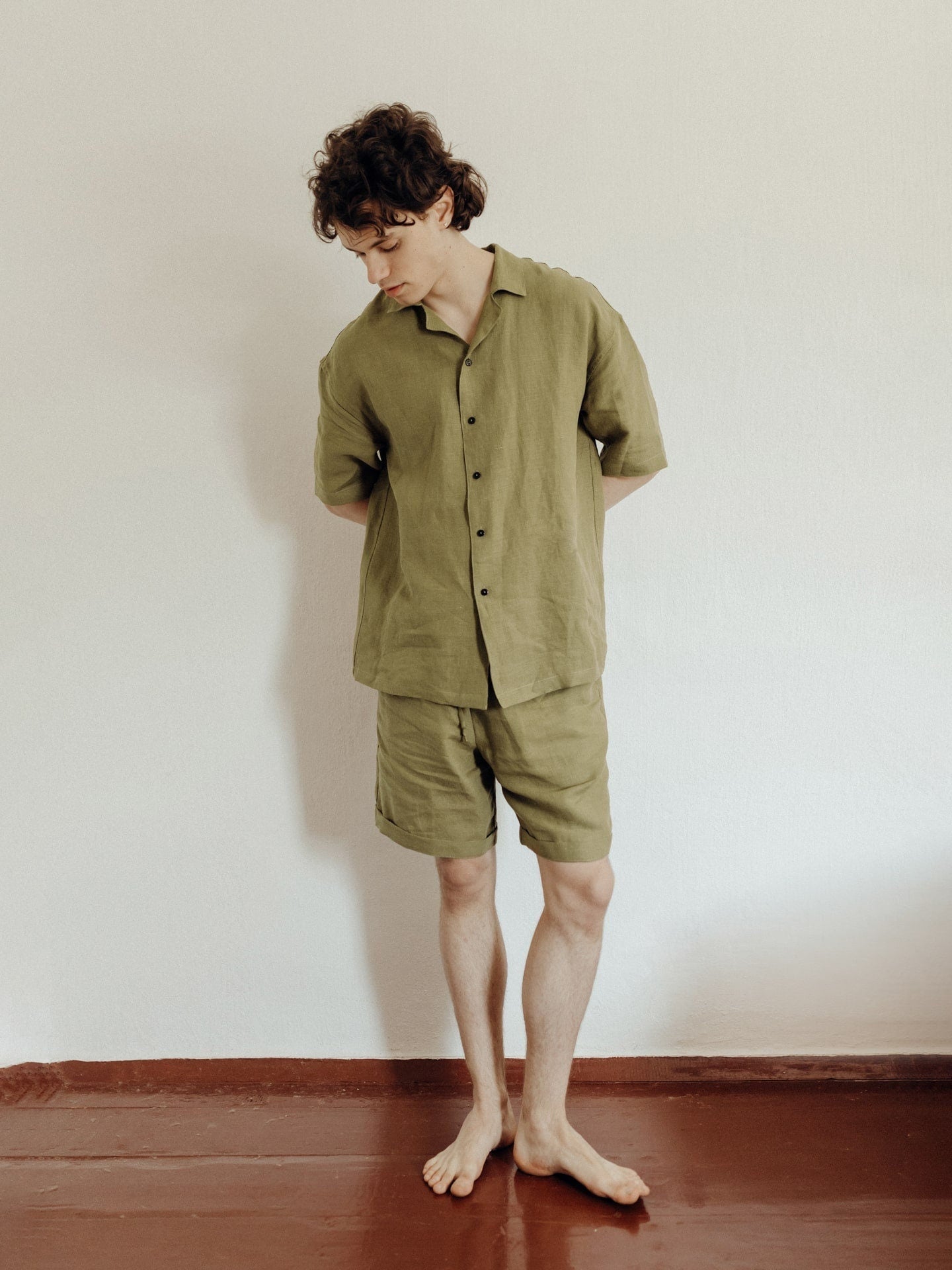 Premium Linen Pajama For Men, Comfortable Linen Green Pajama Set, Shorts & Shirt Set, Natural Men's Sleepwear, Christmas Gift For Boyfriend