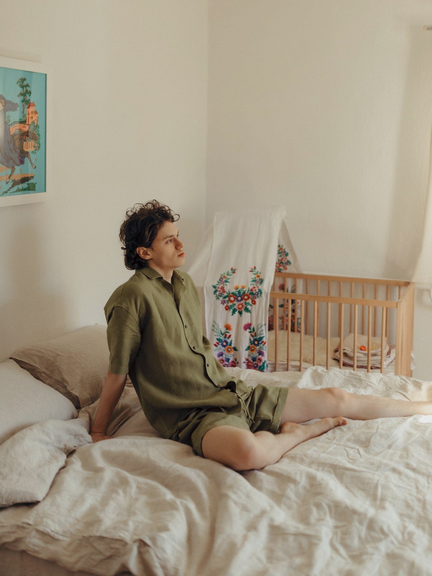 Premium Linen Pajama For Men, Comfortable Linen Green Pajama Set, Shorts & Shirt Set, Natural Men's Sleepwear, Christmas Gift For Boyfriend