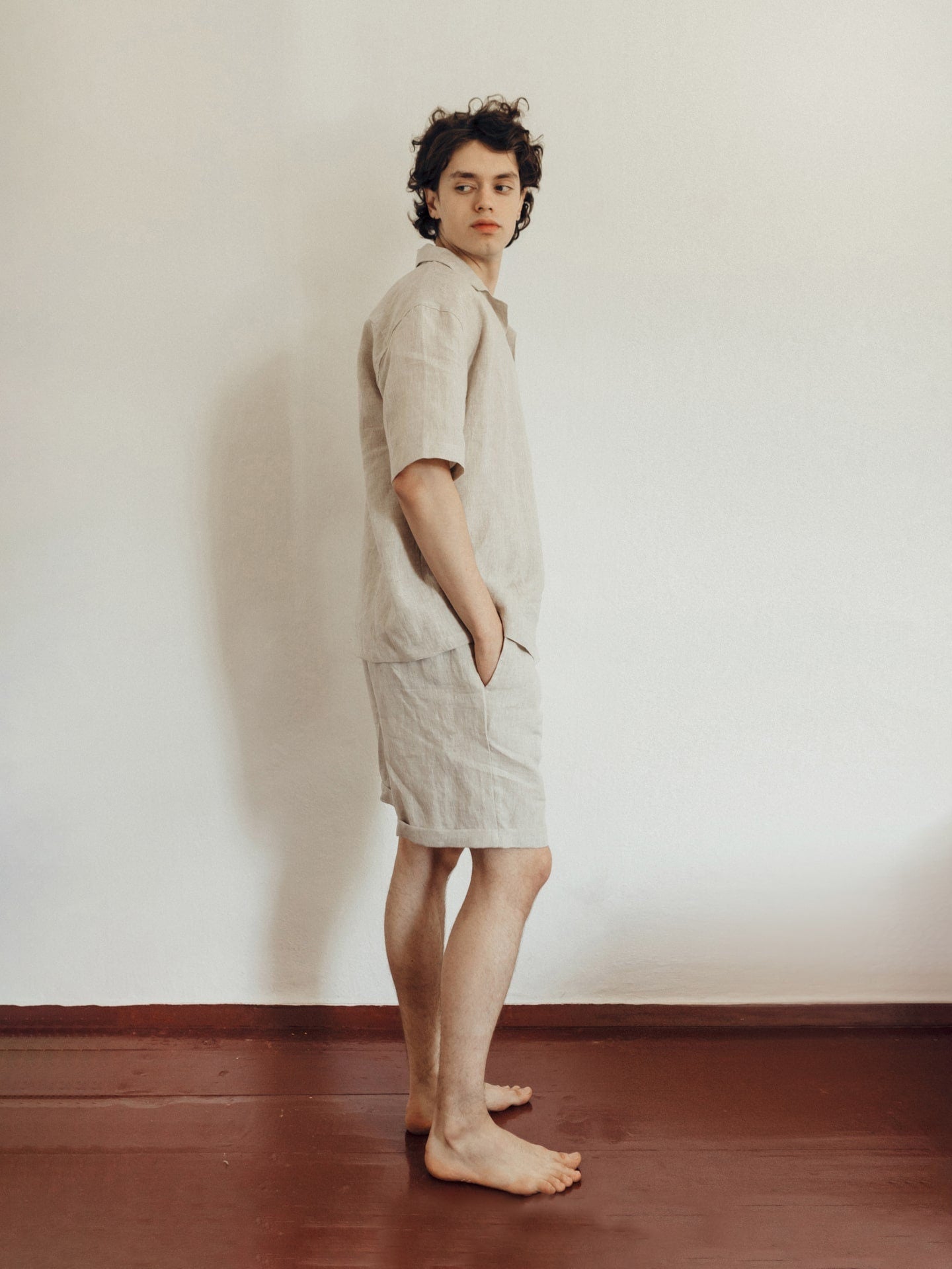 Natural Linen Men Suit In Ivory, Sleepwear For Boyfriend, Natural Pajama Set, Linen Shorts & Shirts Set, Cloth For Home, Lounge Pajama Set