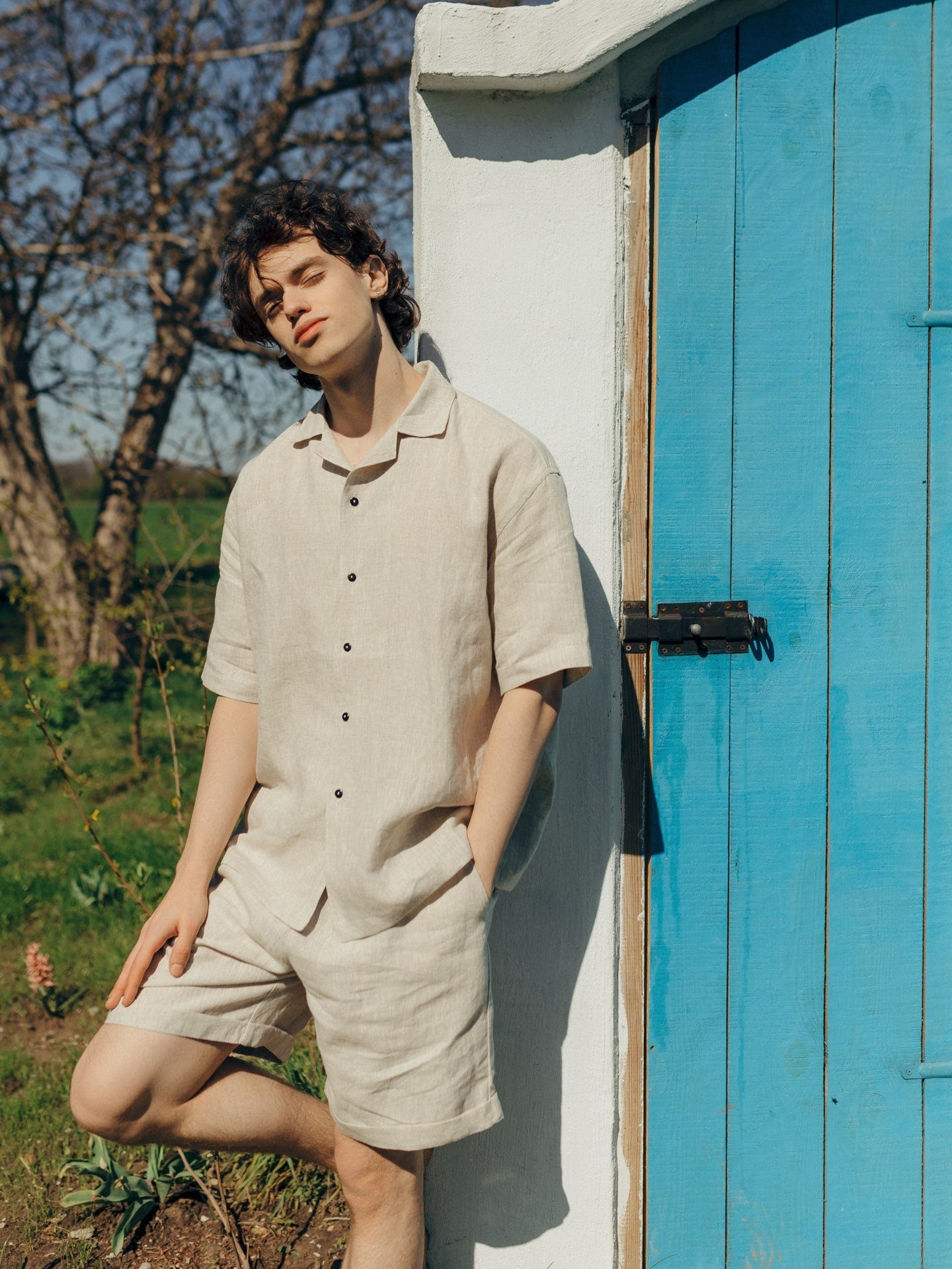 Natural Linen Men Suit In Ivory, Sleepwear For Boyfriend, Natural Pajama Set, Linen Shorts & Shirts Set, Cloth For Home, Lounge Pajama Set