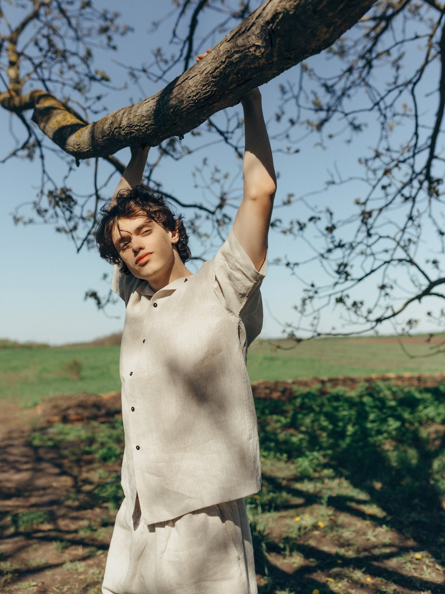 Natural Linen Men Suit In Ivory, Sleepwear For Boyfriend, Natural Pajama Set, Linen Shorts & Shirts Set, Cloth For Home, Lounge Pajama Set