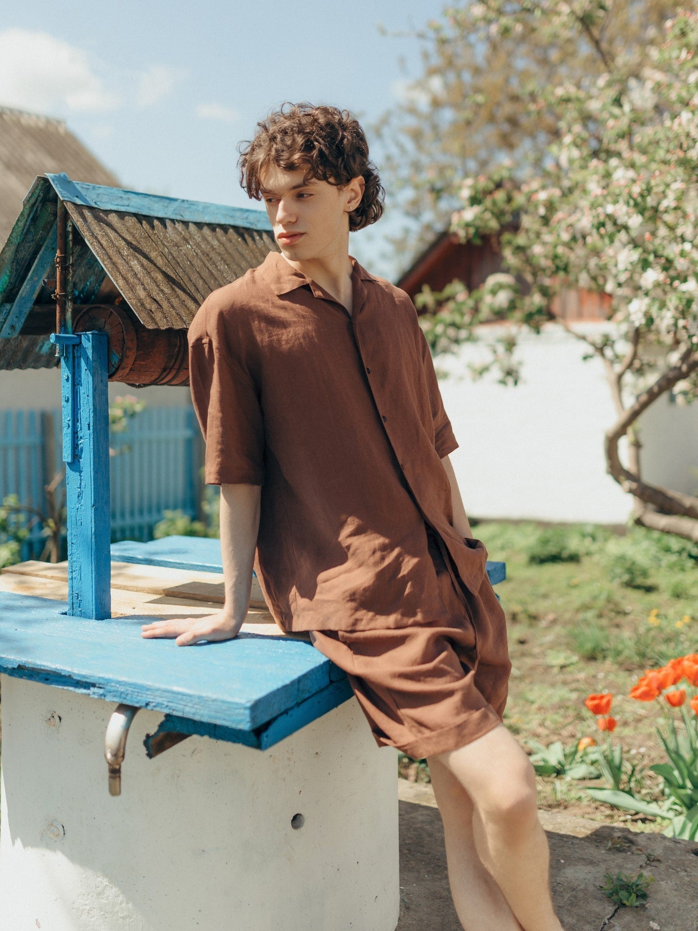 Organic Pajama Set For Men, Shorts & Shirt Linen Pajama In Brown, Beach Clothes For Men, Gift For Boyfriend, Natural Sleepwear Pajama Suit