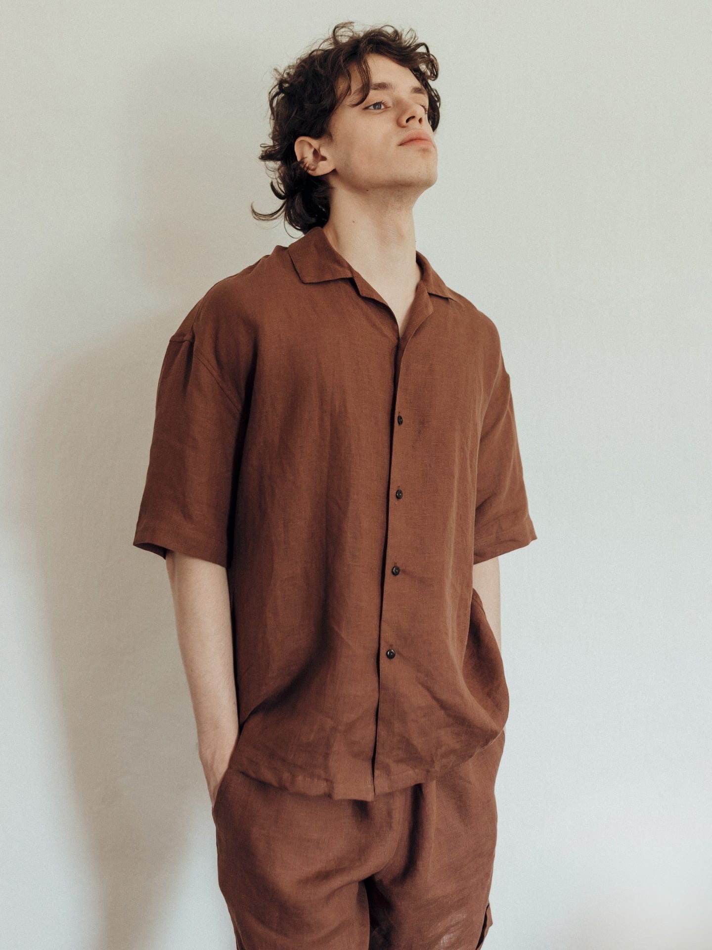 Organic Pajama Set For Men, Shorts & Shirt Linen Pajama In Brown, Beach Clothes For Men, Gift For Boyfriend, Natural Sleepwear Pajama Suit