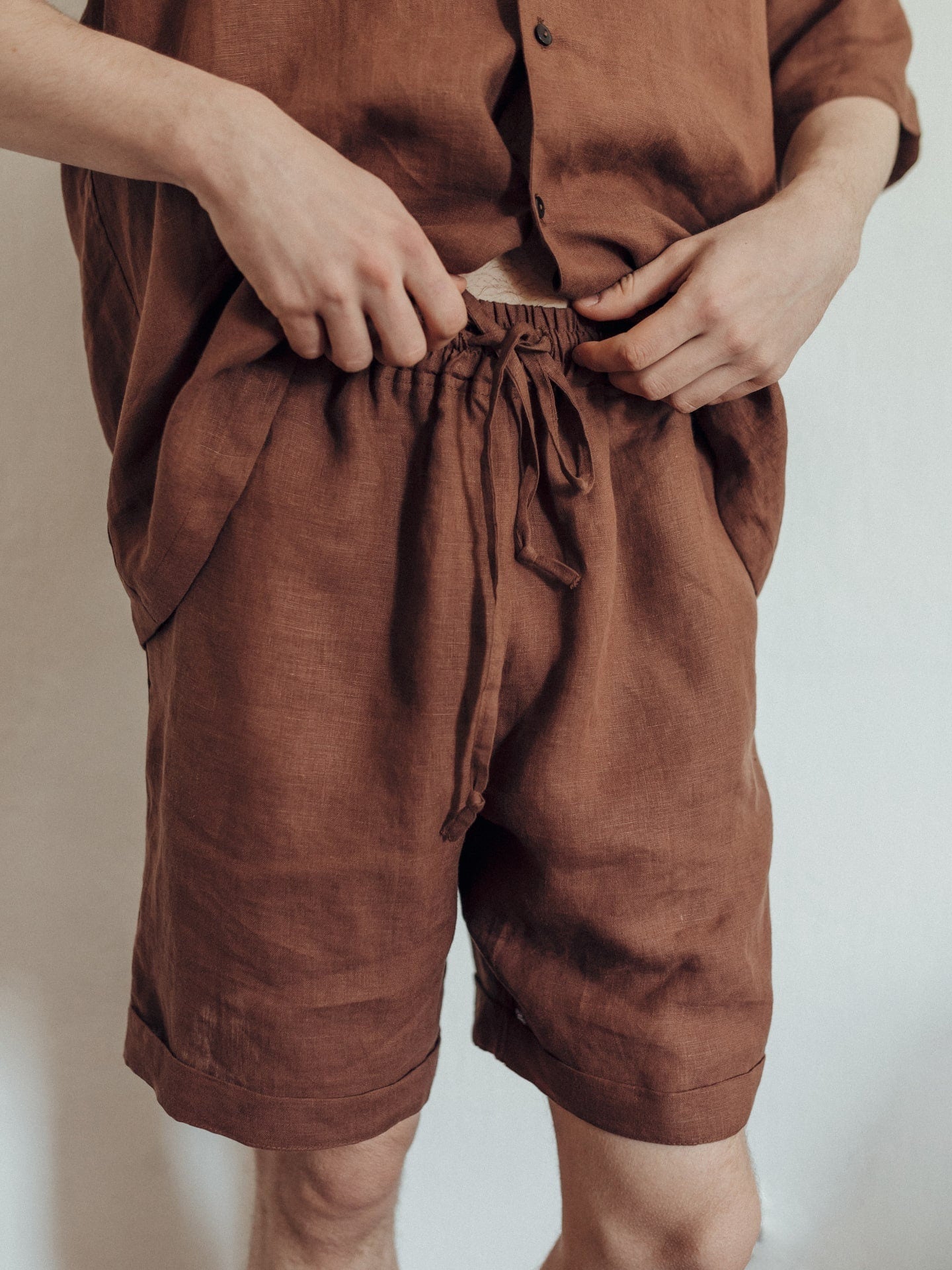 Organic Pajama Set For Men, Shorts & Shirt Linen Pajama In Brown, Beach Clothes For Men, Gift For Boyfriend, Natural Sleepwear Pajama Suit