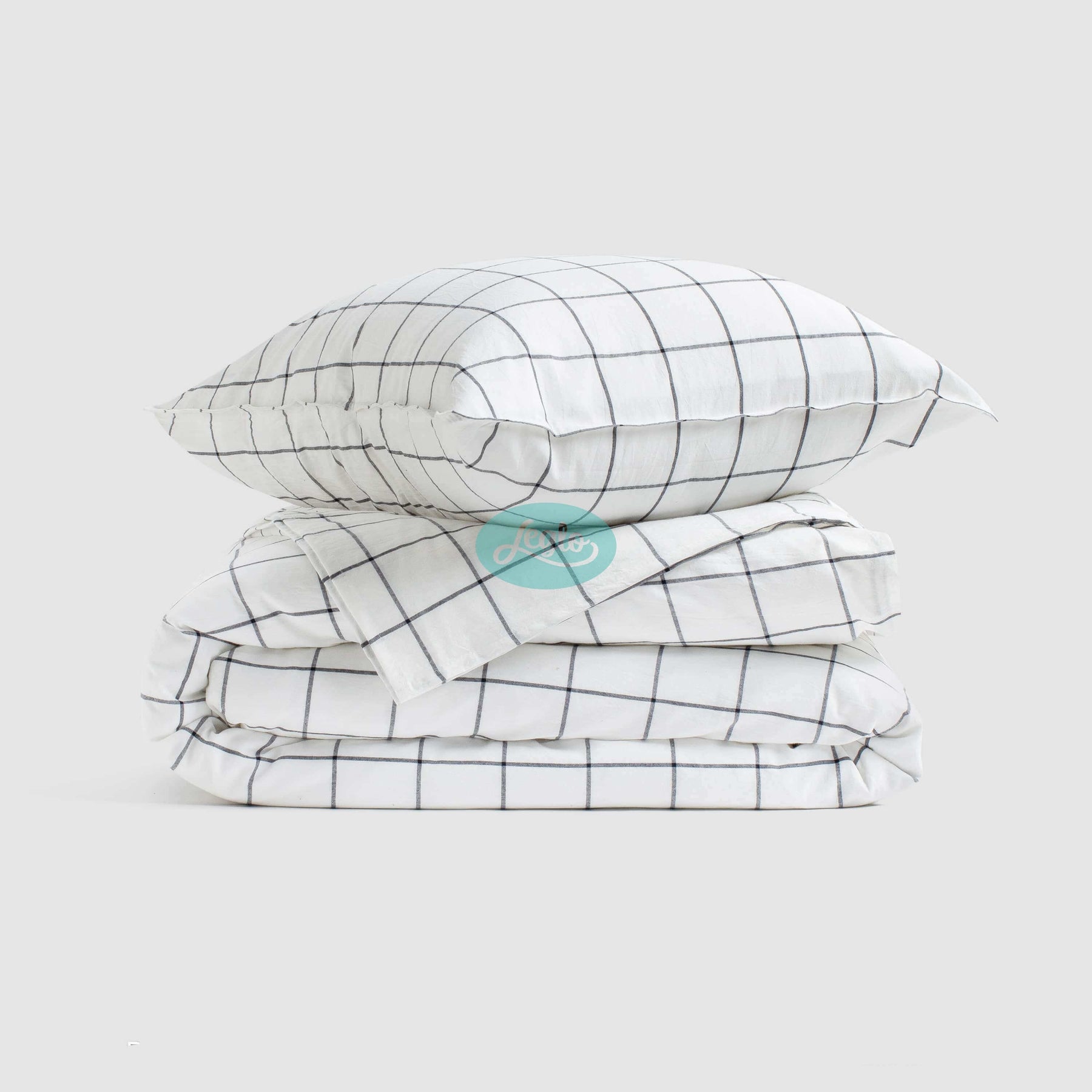 Washed Cotton Bedding Set Gridded White