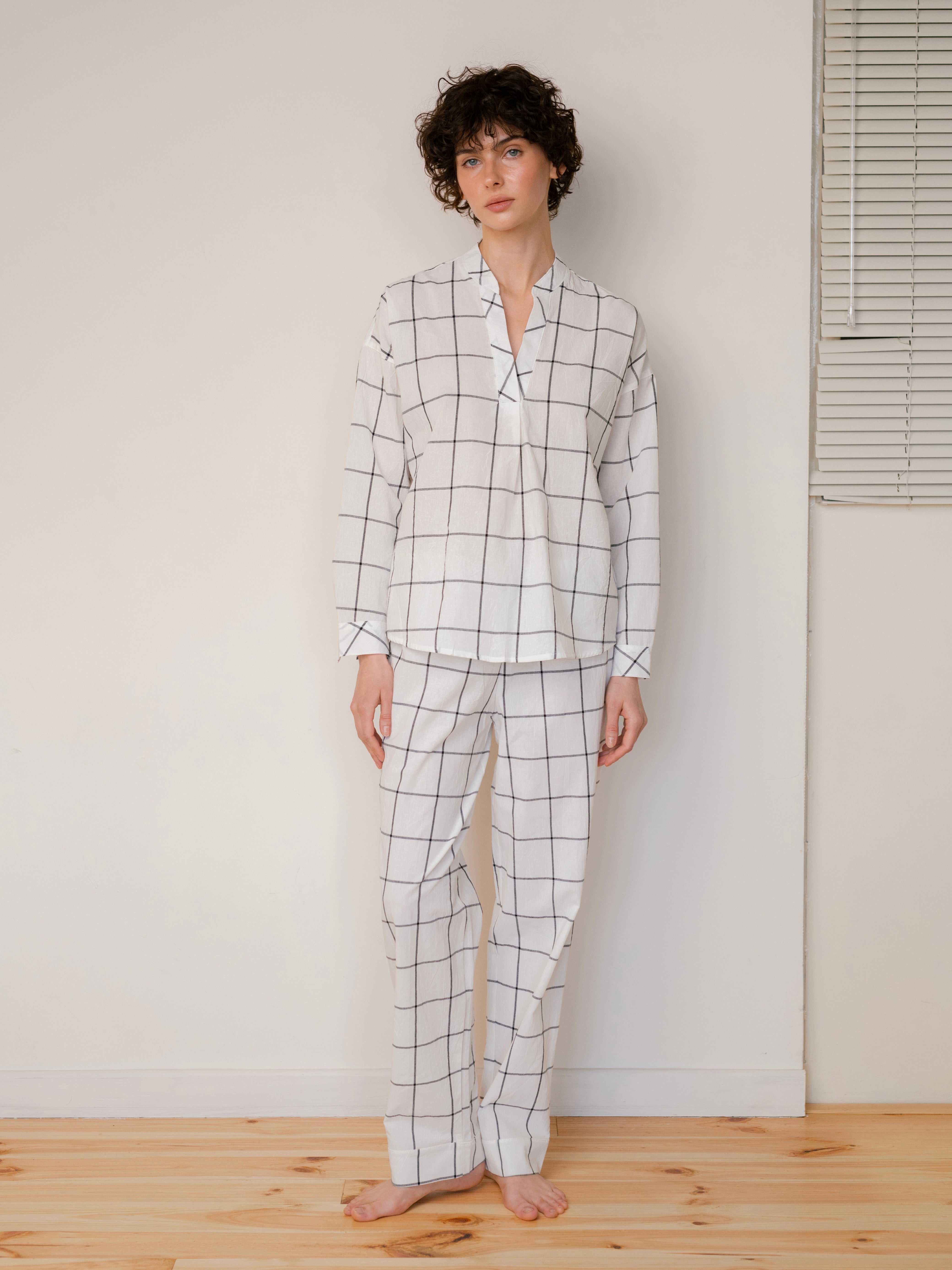 Women's boiled cotton pajamas Grid