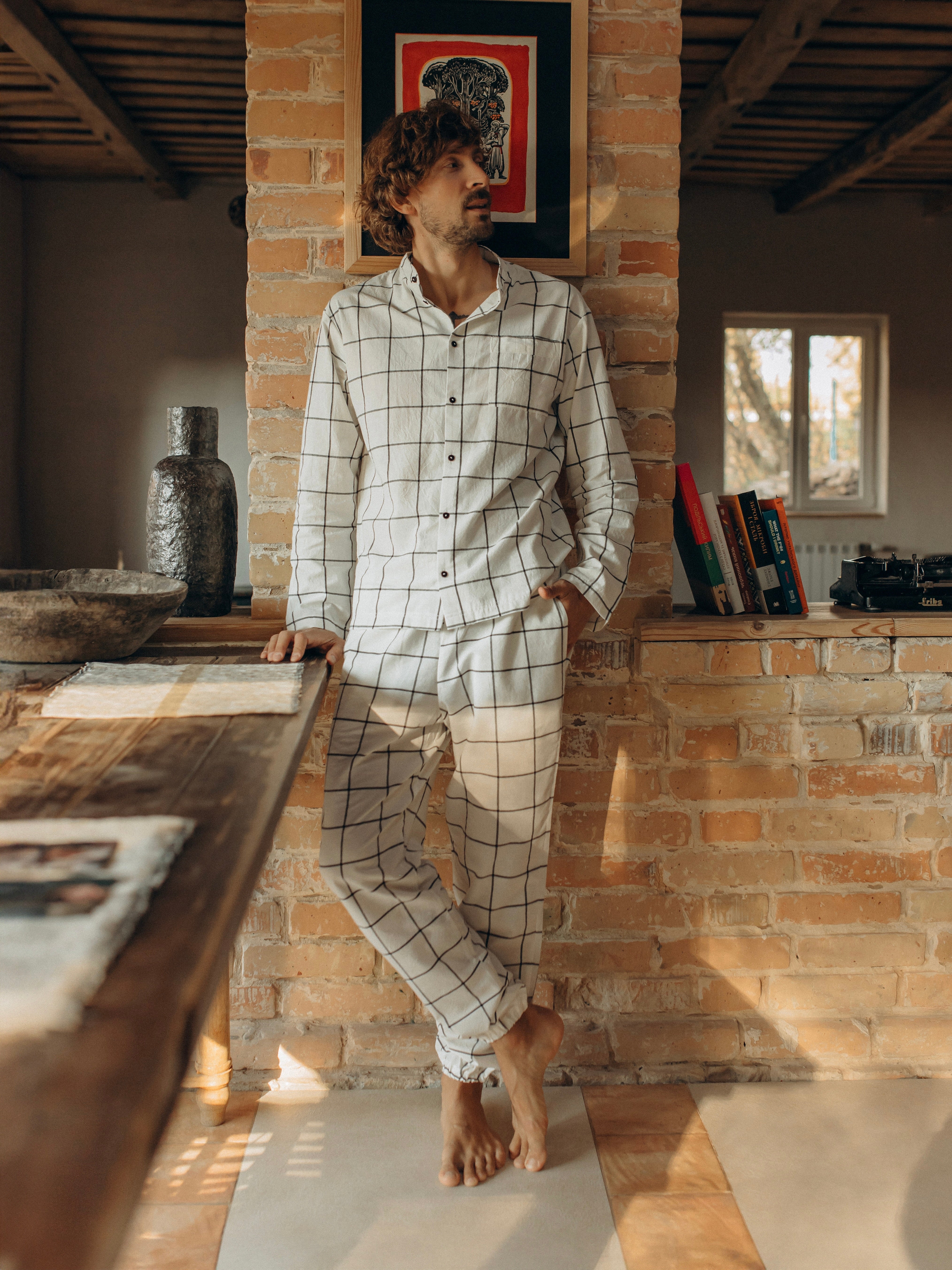 Men's boiled cotton pajamas Grid