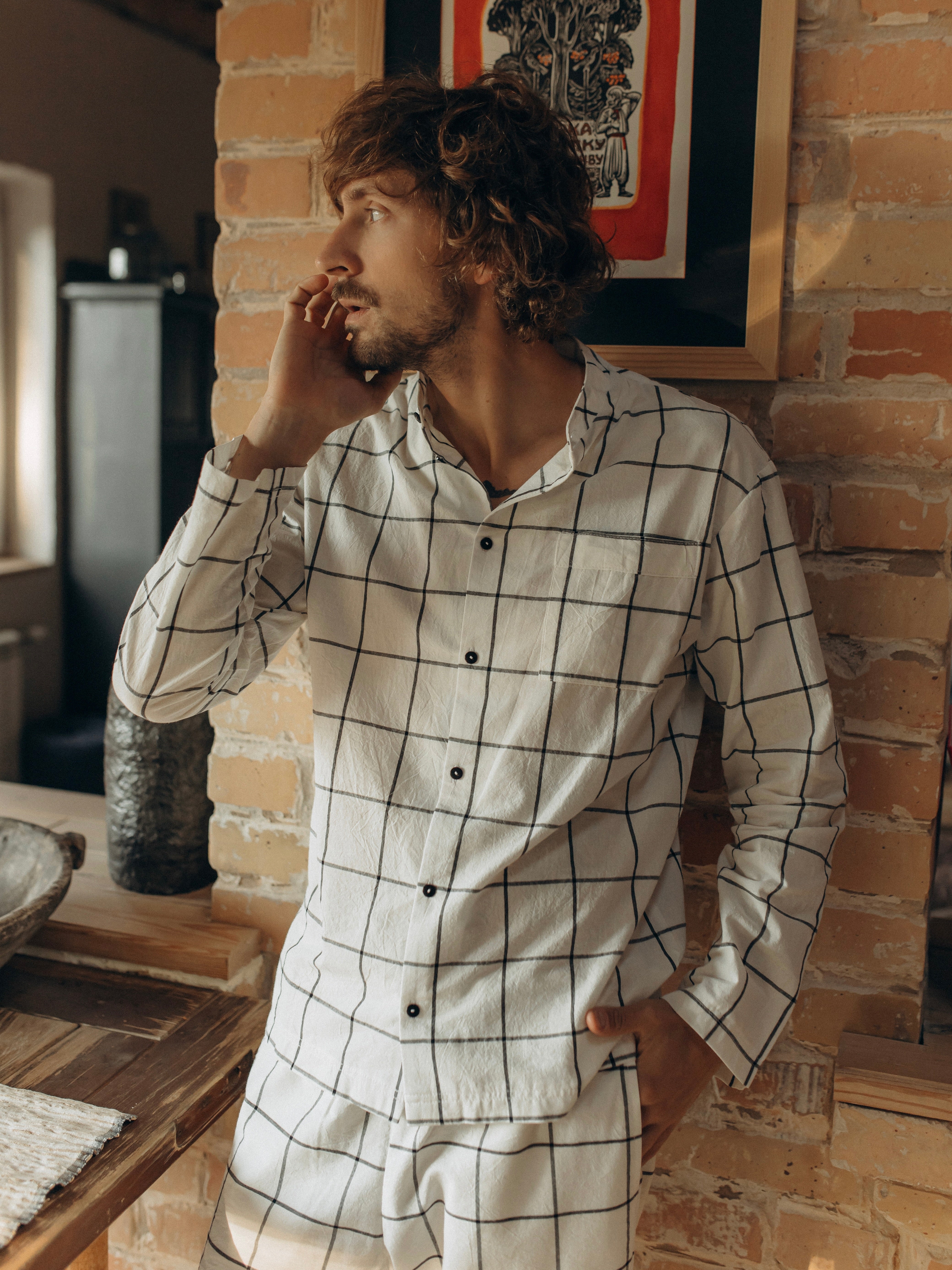 Men's boiled cotton pajamas Grid