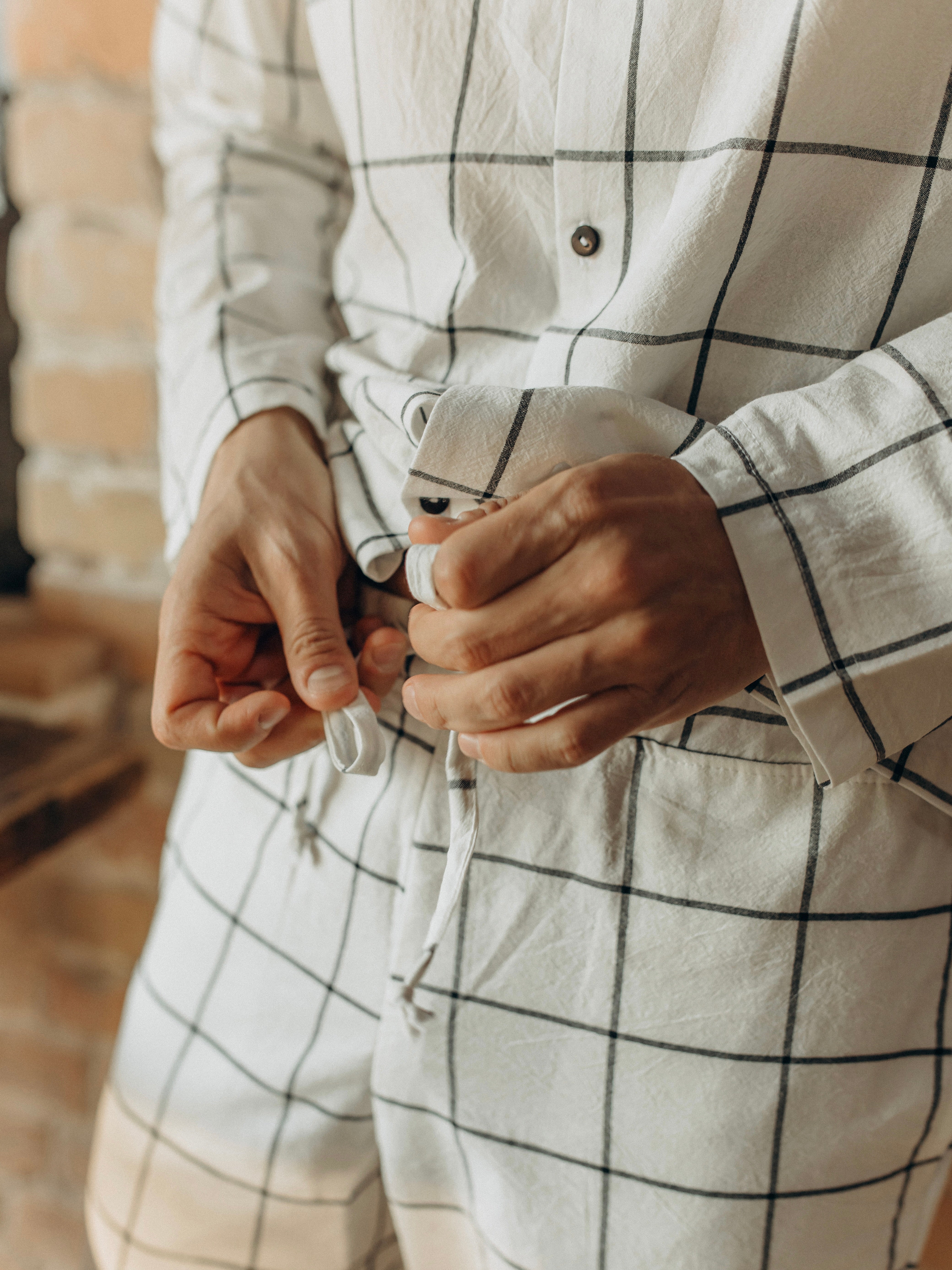 Men's boiled cotton pajamas Grid