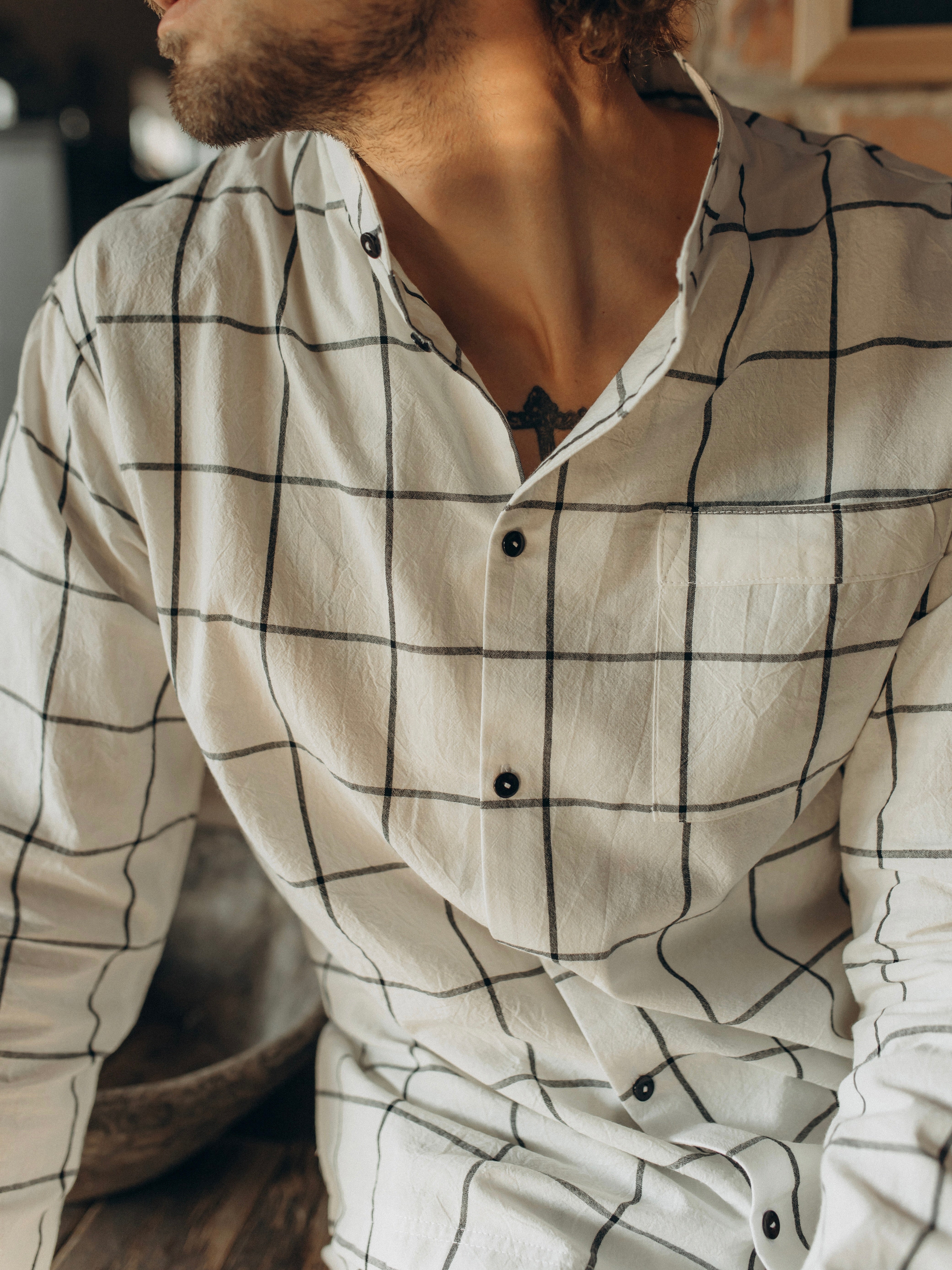 Men's boiled cotton pajamas Grid