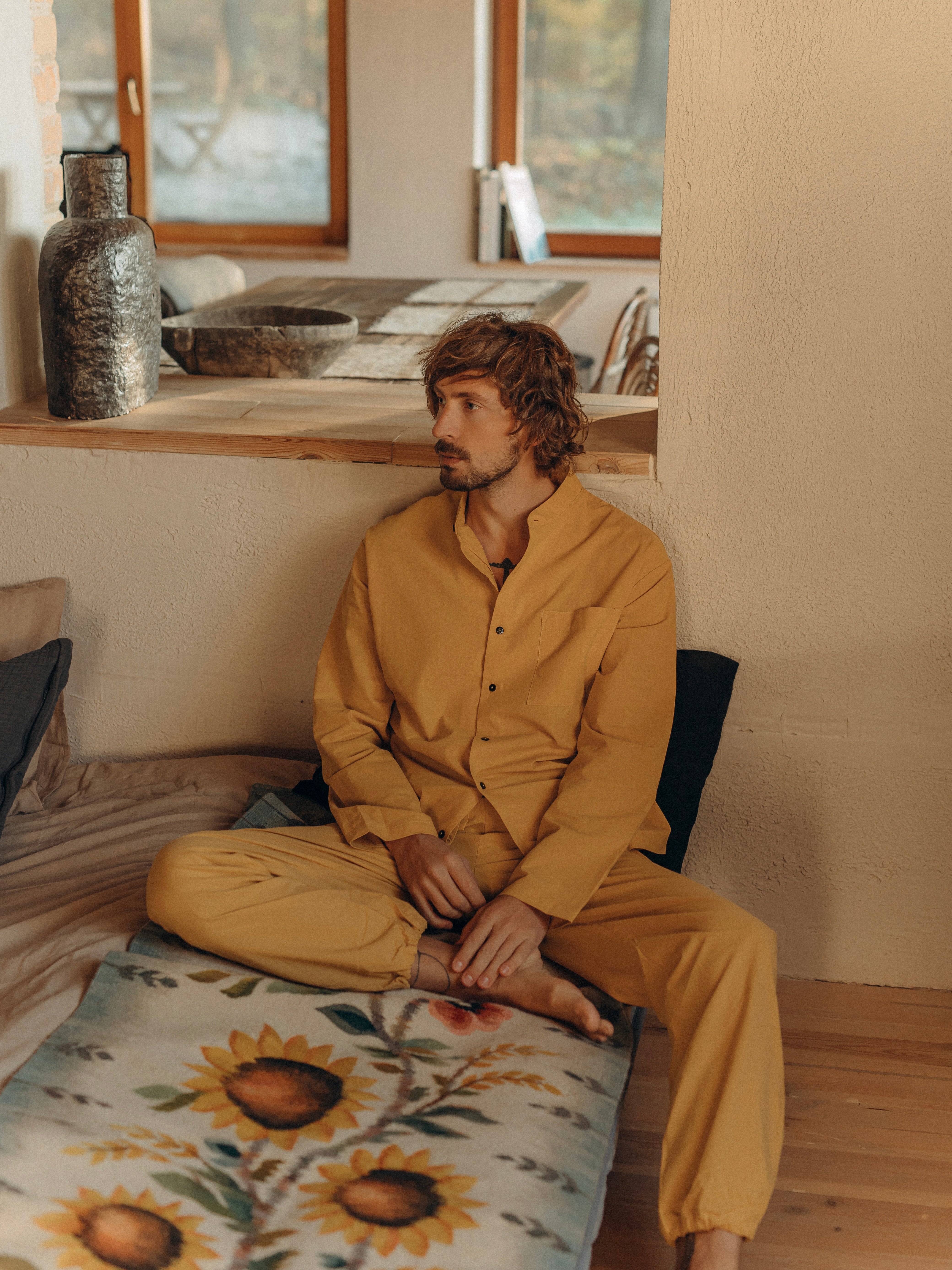 Men's pajama made of boiled cotton Curry