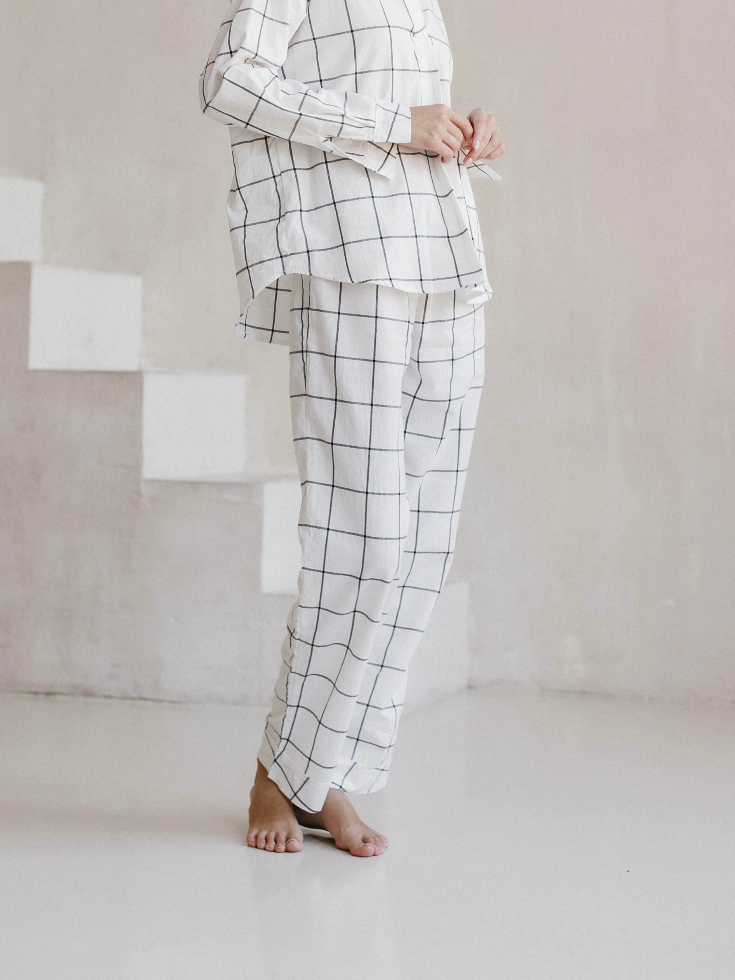 Pantalones femeninos de algodón hervido Leglo Grid