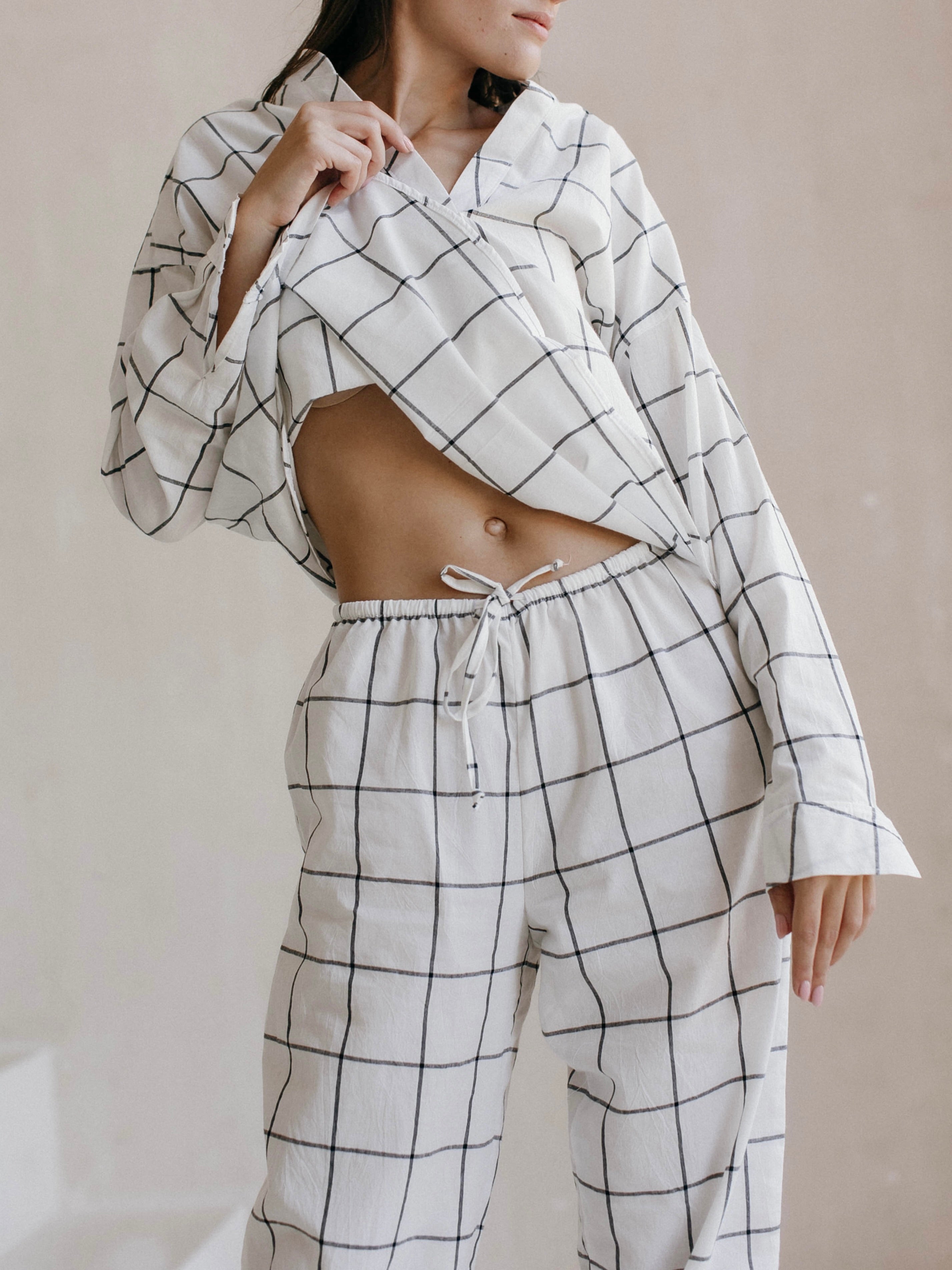 Pantalones femeninos de algodón hervido Leglo Grid