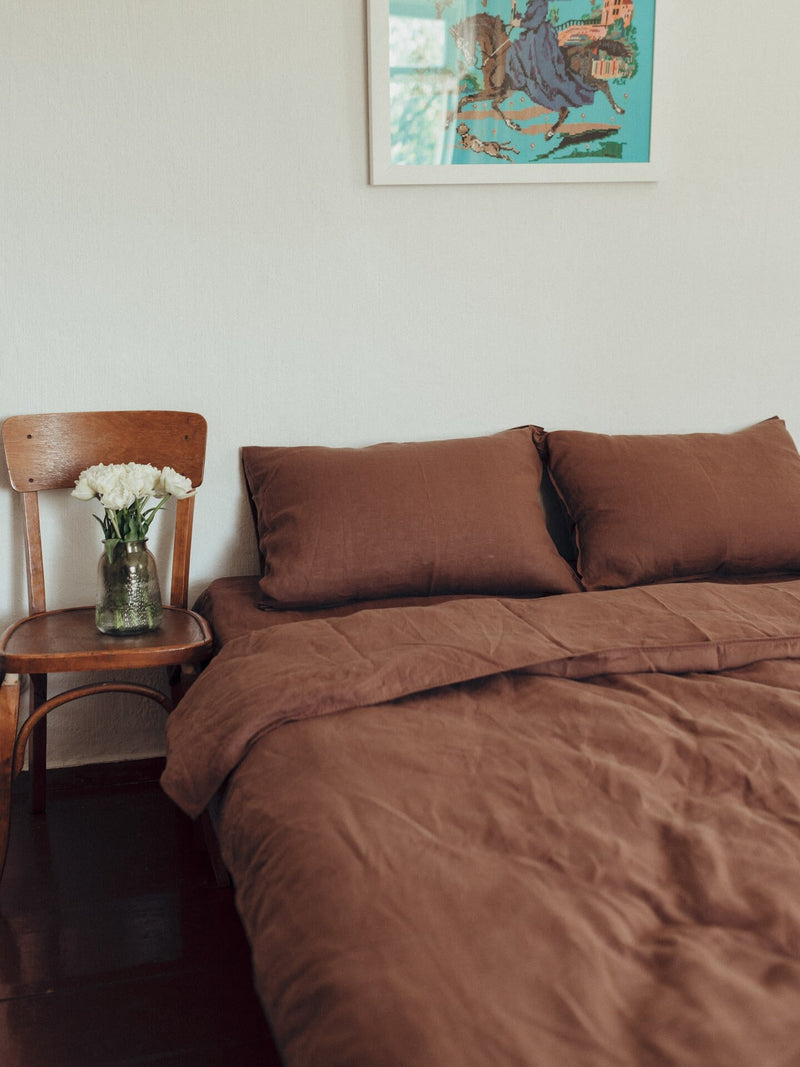 Cozy Linen Bedding Set In Brown, Duvet Cover With Buttons, Linen Pillowcases & Sheet, Organic Bedding, Bed Set For Couple, Christmas Gift