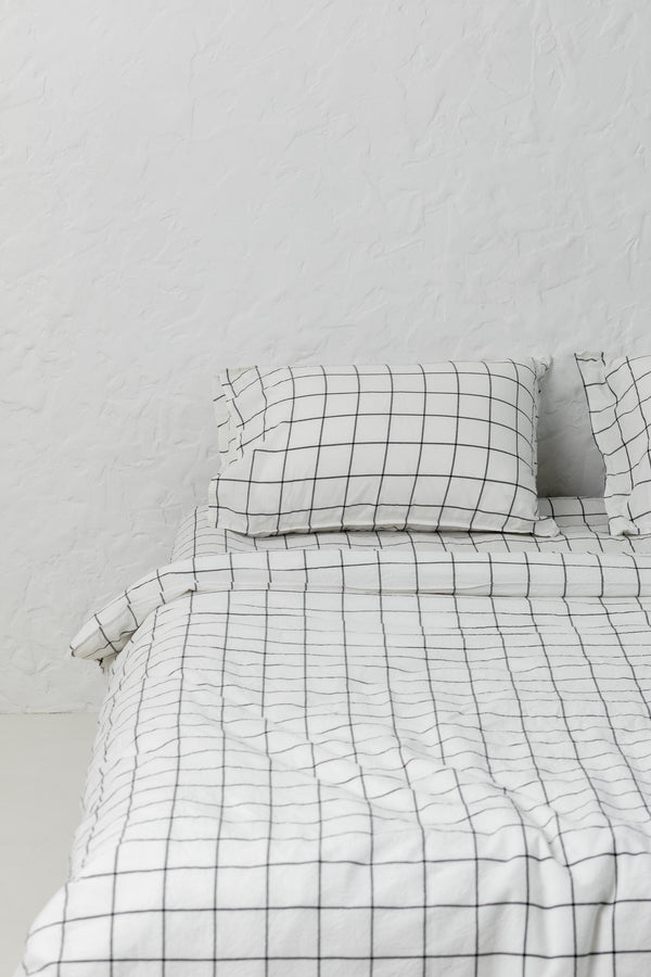 Soft Gridded Cotton Bedding Set, Organic Bedding For Beloved, Pillowcases & Sheets Cotton Set, Organic Bedding In White, Christmas Gift Idea