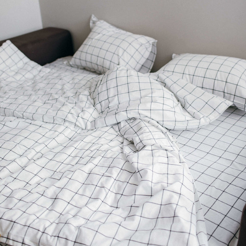 Washed Cotton Bedding Set Gridded White