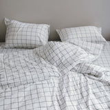 Washed Cotton Bedding Set Gridded White