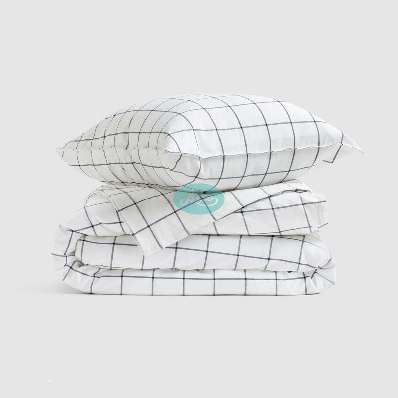 Washed Cotton Bedding Set Gridded White