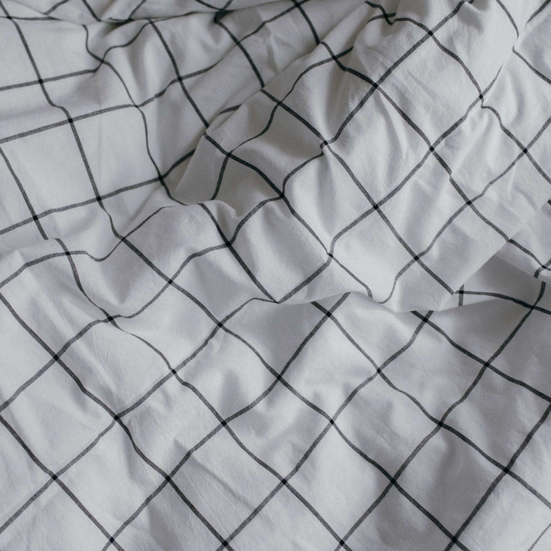 Washed Cotton Bedding Set Gridded White