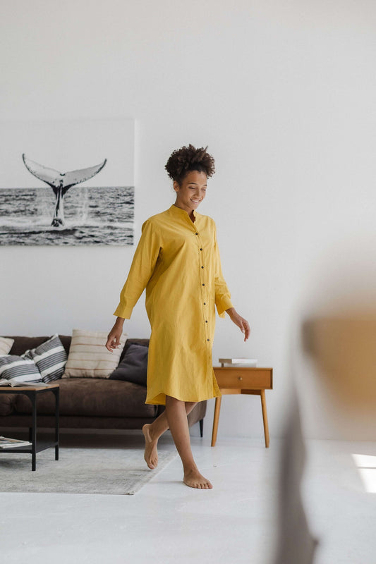 Cotton Nightgown Women, Long Sleeve Sleepdress,  Soft Cotton Long Nightgown, Summer Night Gown, Yellow Cotton Nightgown, 100% Organic Cotton